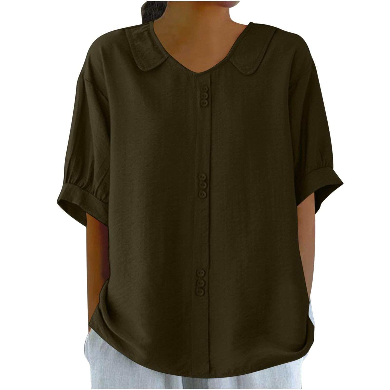 Generic Camiseta De Moda Casual De Verano para Mujer Camisas De Lino para Mujer, Manga Corta, con Botones, Camisa Informal con Cuello En V, Blusas, Blusas De Verano A La Camiseta Talla Grande Mujer