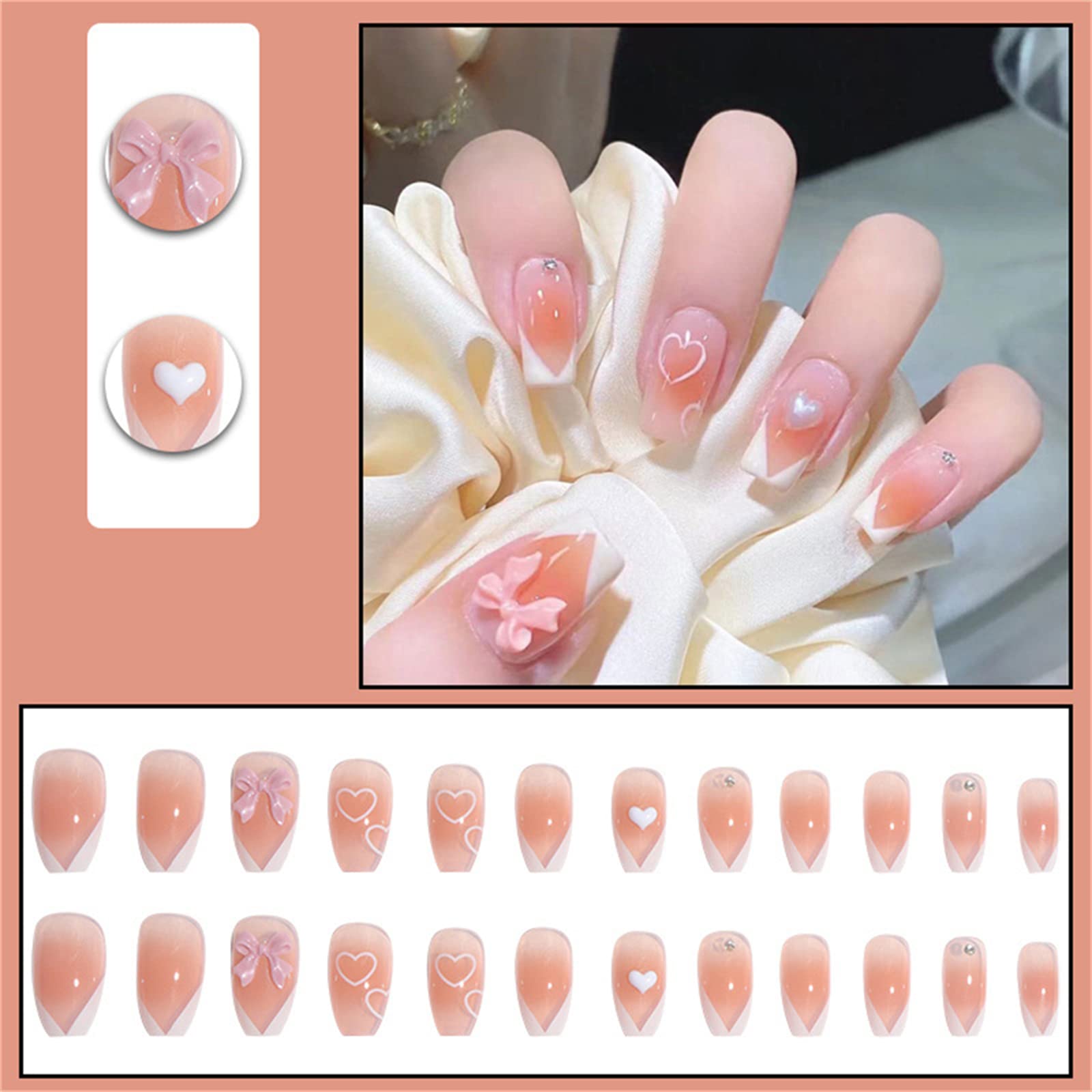 Kurzer Kunstnagel Full Cover Kleber enthalten abnehmbare French Heart Love Press on Nails 24 Stück Finger Nail Art Tipps für Nagelstudios und Frauen DIY Nail Art
