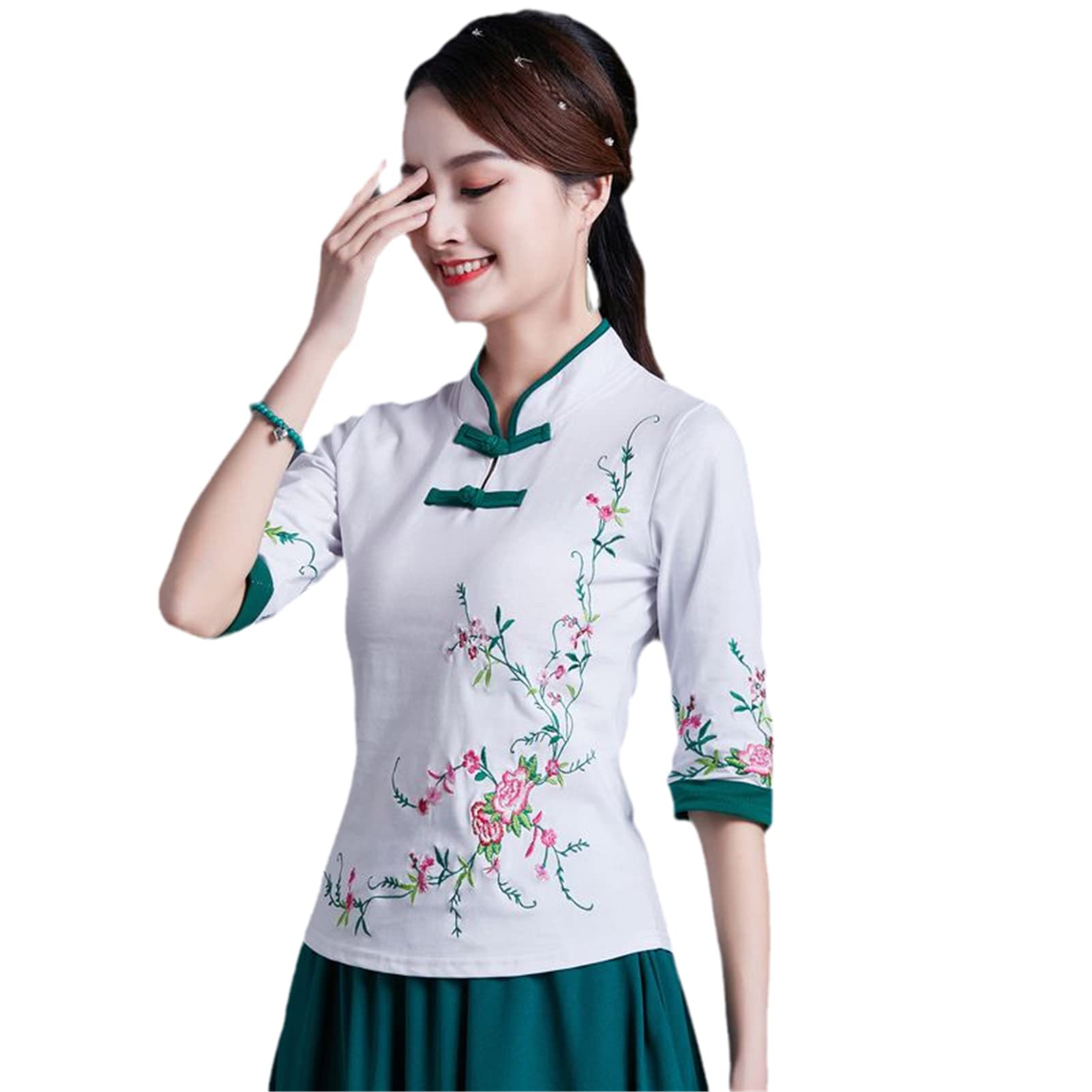 Bawełniane topy damskie Cheongsam mieszanka wiosna łączenie haft pół rękaw chiński styl retro Qipao koszule damskie