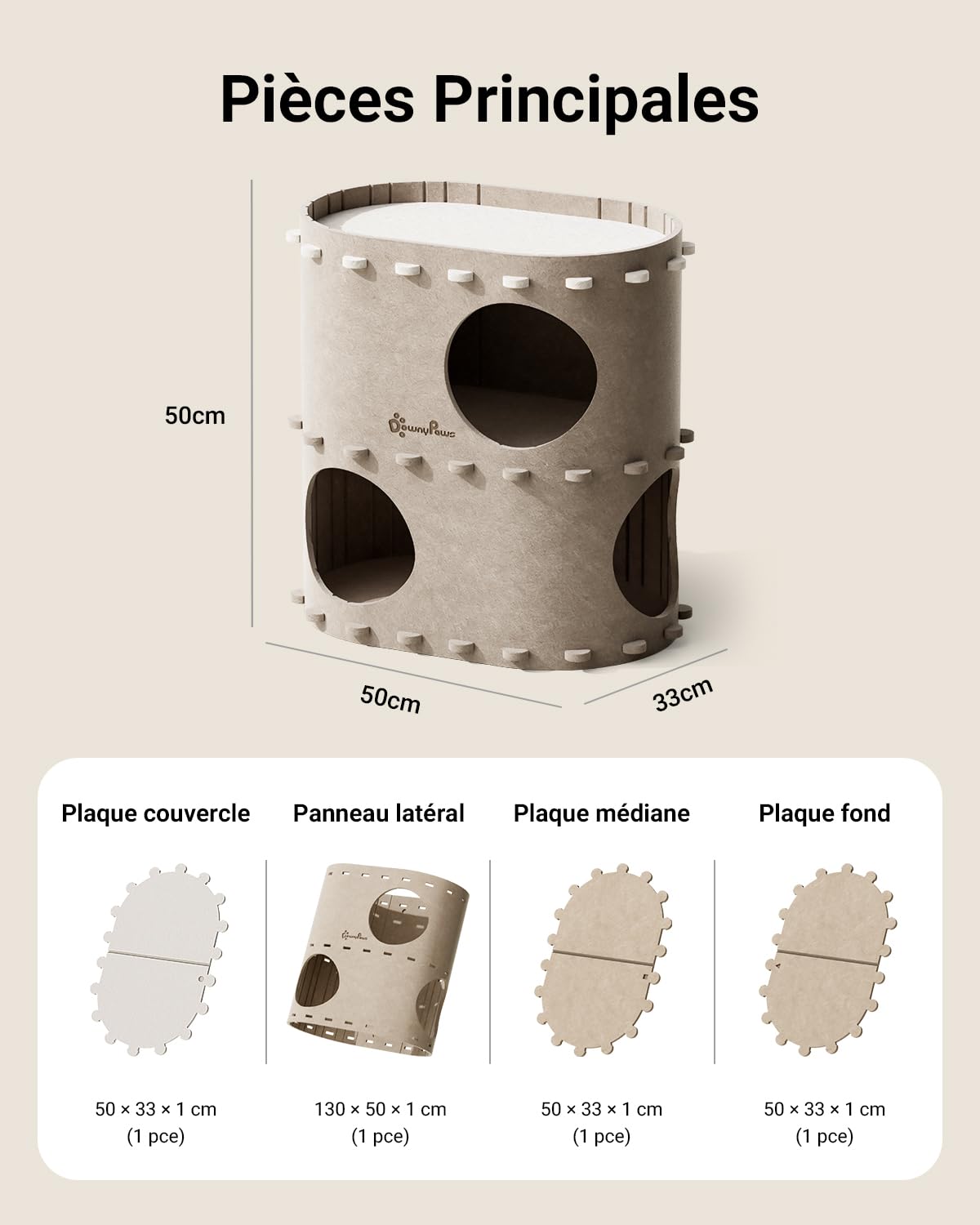 DownyPaws Grotte à Feutre, lit pour Chat à 2 Niveaux, 50 x 33 x 50 cm, Château-Maison de Jeu, Design Chaleureux, Protège Les Griffes, Beige