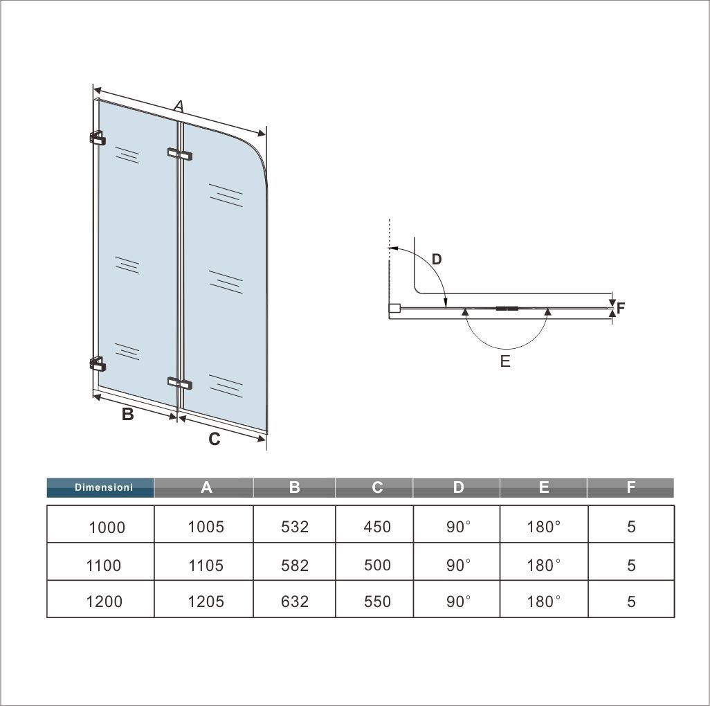 Parete Vasca 120x140 cm Italy Box Doccia Profilo A Muro Vetro 5 mm Trasparente Larga 120cm