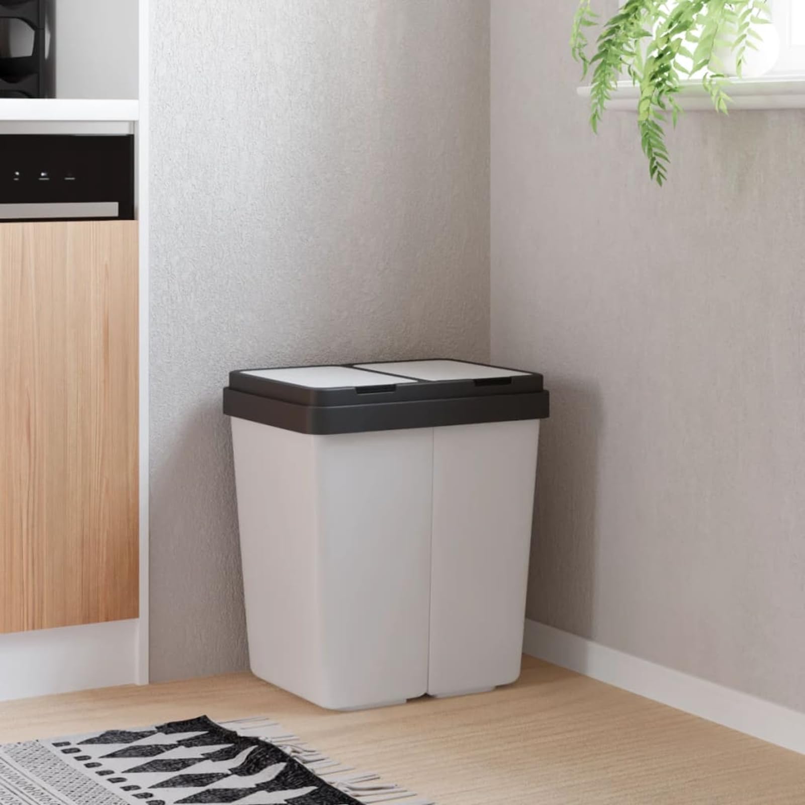 Doppel-Mülleimer 50L, Mülltrennung Recycling-Eimer mit Zwei Fächern, PP-Kunststoff Weiß, Müllbehälter mit Deckel und Müllsackhalter, für Küche Büro Haushalt 154981