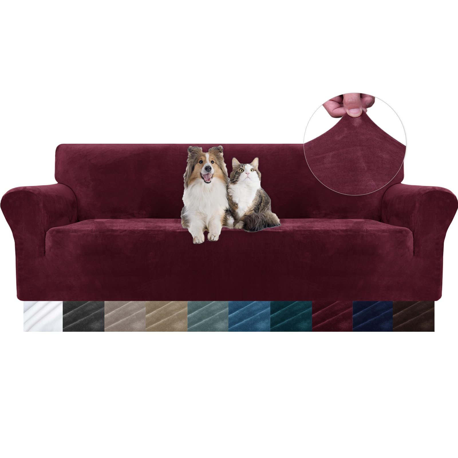 YSTELLAA Terciopelo Fundas Sofa Elasticas 4 Plazas, Ajustables Fundas Sofa Elastica, con Reposabrazos, Antiarañazos, Universales, Gruesa Antimanchas, Decoracion Navidad, Rojo Vino Global Recycled Standard Global Recycled Standard Global Recycled Standard