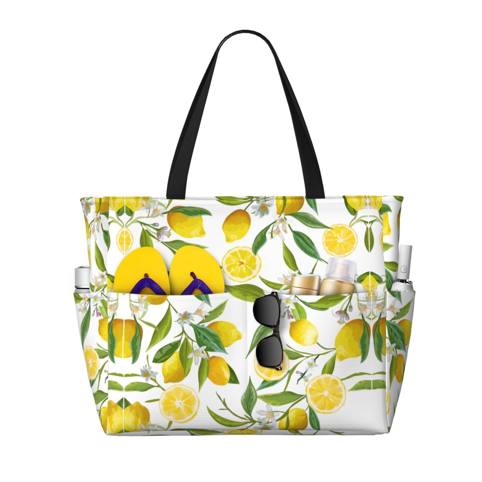 Borsa da spiaggia con limoni tropicali freschi e borsa da piscina da donna Ton di tasche. Borsa da spiaggia è borsa da palestra con cerniera da viaggio
