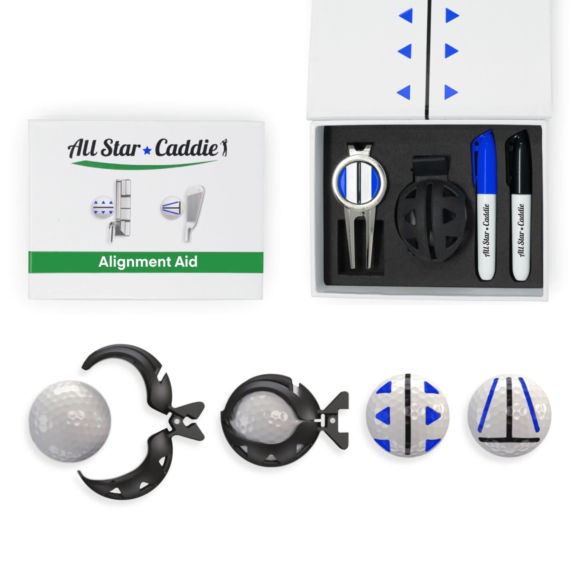 All Star Caddie Golf Ball Marker Alignment Putting Tool Kit - Stencils and Colored Markers