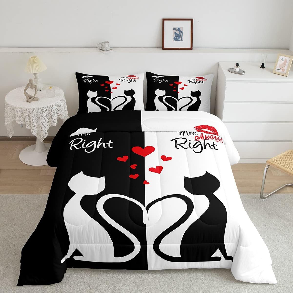 Erosebridal Valentines Cats Bedding Set Full Romantic Bedding Comforter Sets Black and White Duvet Insert Mr Mrs Right Quilted Comforter Man Mustache Women Lips Duvets & Down Comforters Wedding