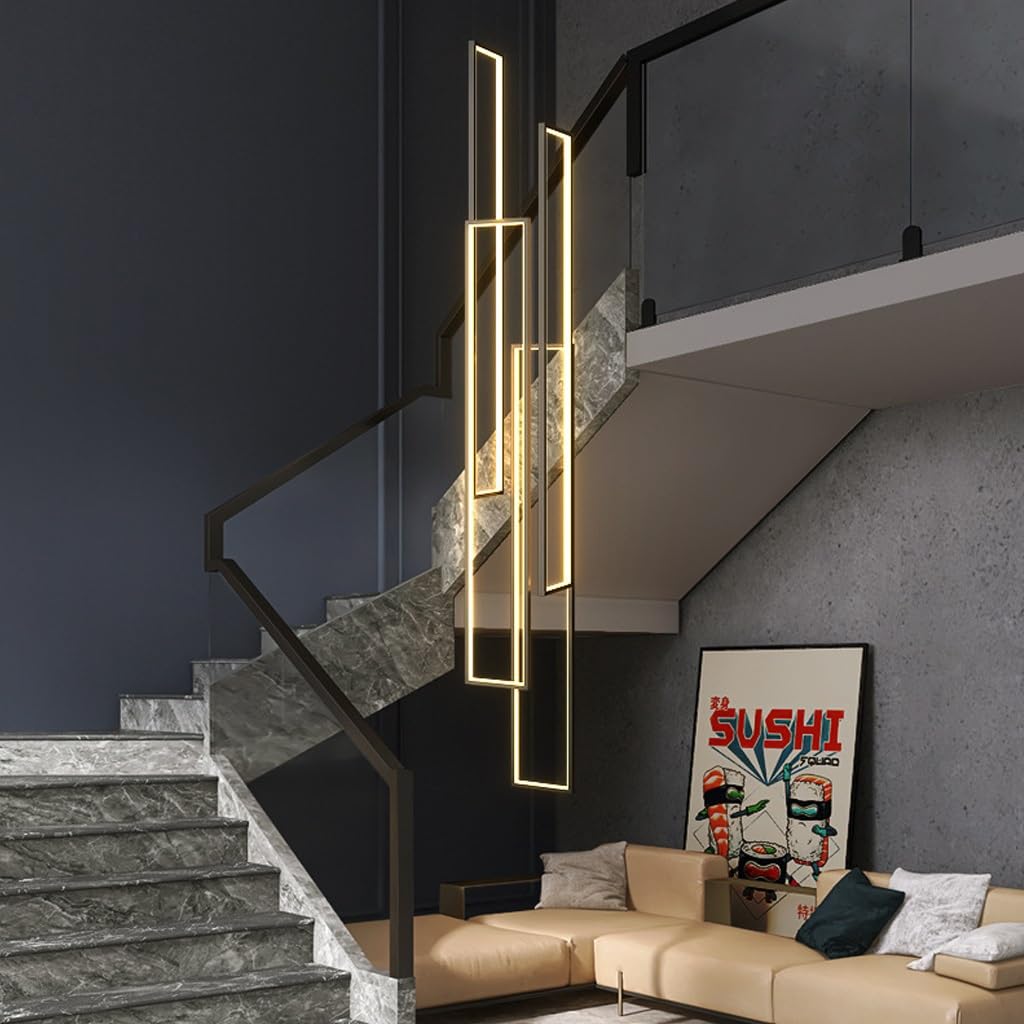DOCJX Modern Geometry Staircase Pendant Lighting Aluminum Material LED Chandelier Living Room Hanging Lamp Duplex Building Large Pendant Lamp Hallway Stairway Foyer Lampe (Color : Black, Size : 4 fl