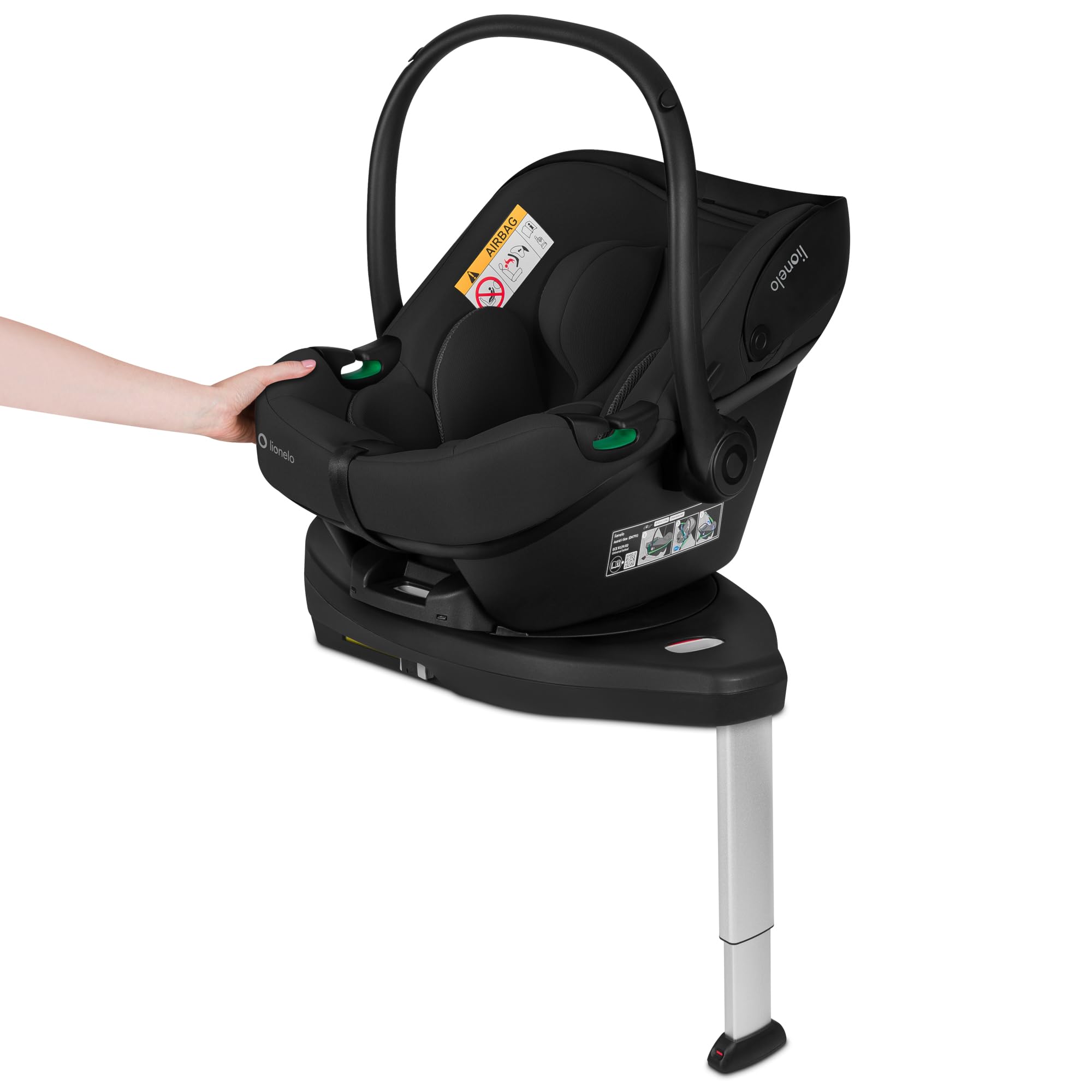 Lionelo Astrid i-Size Base Plus ISOFIX-Basisstation, 180° drehbar, Schwarz | Für Astrid i-Size Babyschale, Einbauanzeigen, Klicksystem, verstaubares Stützbein, R129/03, Schwarz, für den Alltag