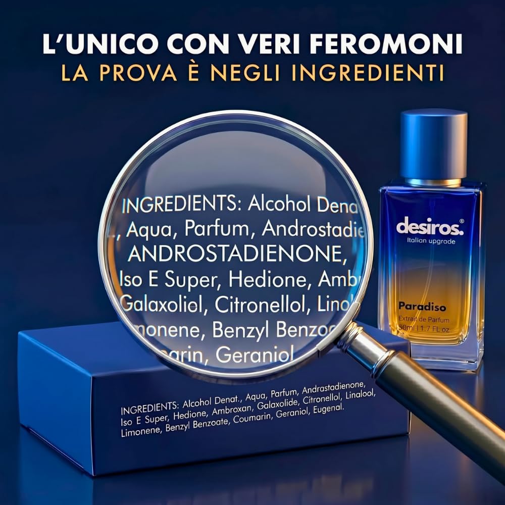 Desiros Paradiso Perfumy Włoskie Uwodzicielskie Cytrusowe Świeże, 50 ml | Markowe perfumy, feromony perfumowane z Androstadienonem, 25% olejków eterycznych, nut neroli i jaśminu, pomysł na prezent