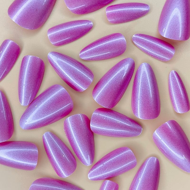 Miniatura 3 de EALGA-SA144 - Uñas postizas a presión violeta nacarada, kit de uñas acrílicas color morado claro, almendra brillante para mujer, 24 piezas