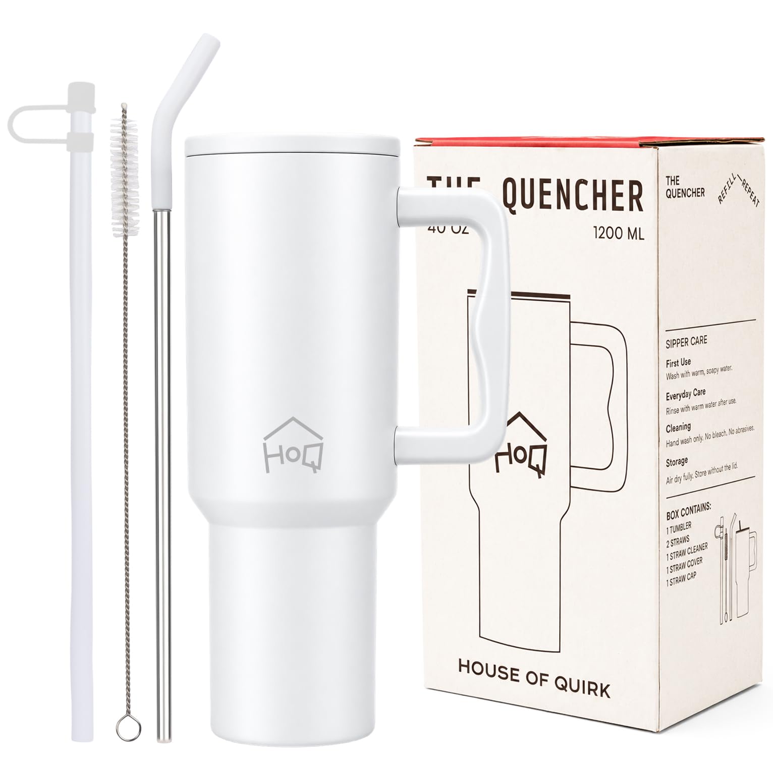 House of Quirk 1200ML Stainless Steel Tumbler with Handle & Lid, 2 Straws – Large Travel Mug Water Cup for Gym, Office & Outdoor Use (Coconut Cloud)
