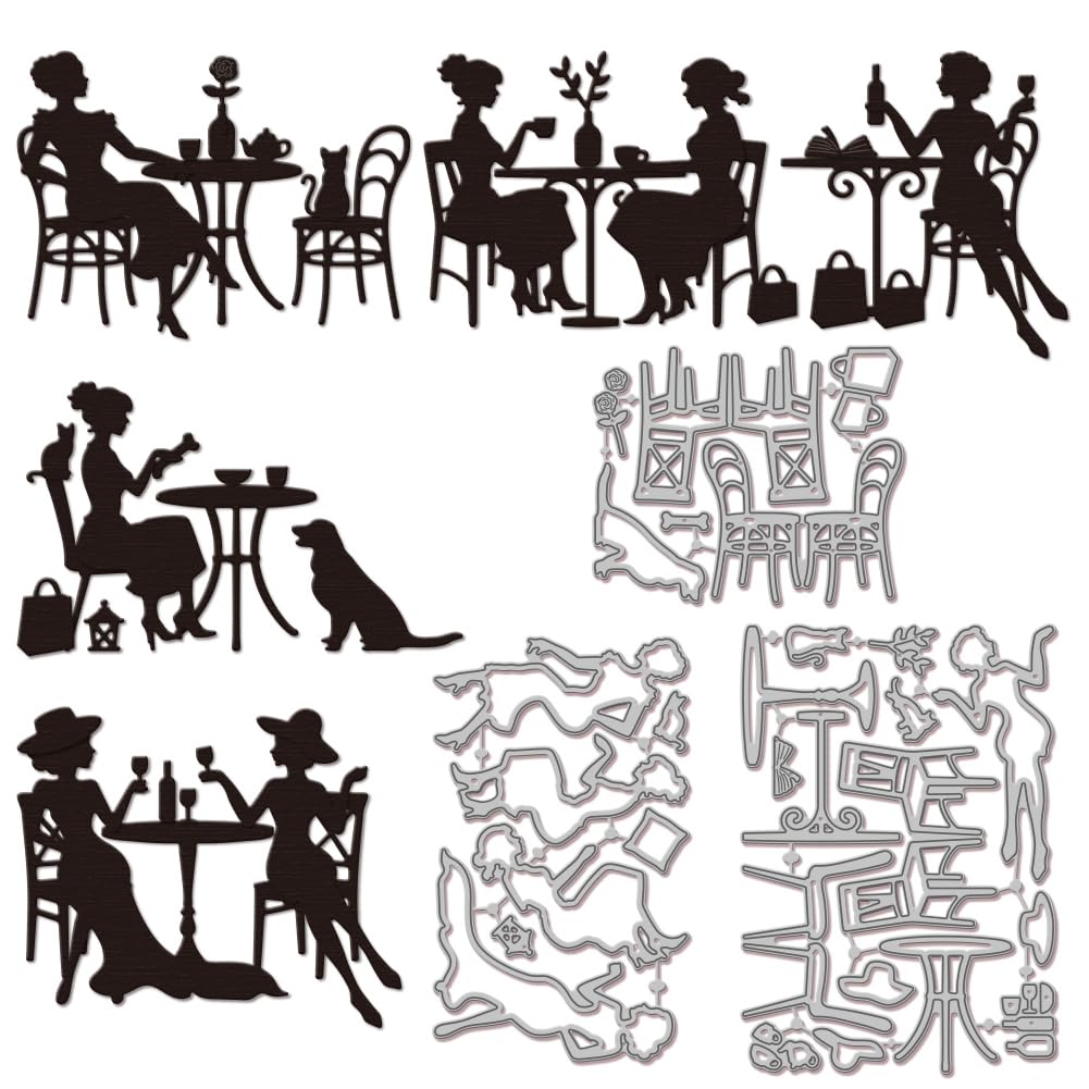 GLOBLELAND Afternoon Tea Lady Cutting Dies for DIY Scrapbooking Metal Women Table Chair Cut Dies Cat Dog Die Cuts for Card Making Embossing Photo Album Craft Decor โ image 1