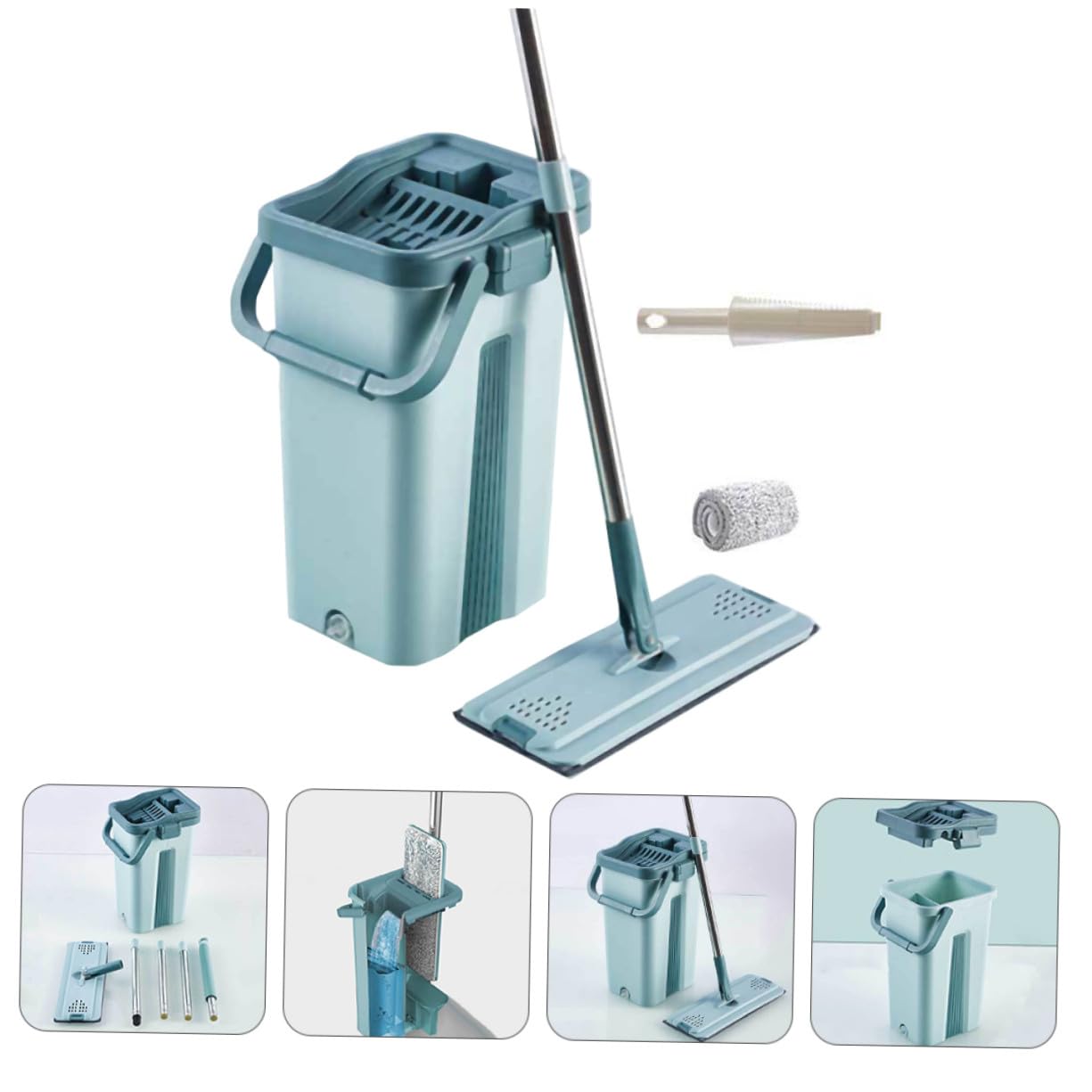 Mopa Microfibra con Cubo Escurridor Lavado Sin Contacto para Limpieza Hogar y Suelos Secos y Húmedos Accesorios de Limpieza Multifuncionales Verde