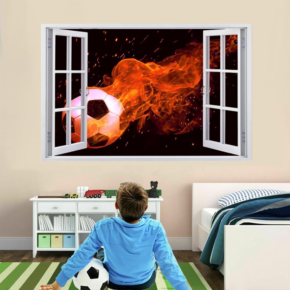 Adesivi Murali Decalcomanie Murali, Calcio Wall Tattoo 3D Fracassato, Fuoco Per La Casa Soffitto Da Parete Decorare Le Decorazioni Della Camera Da Letto Dei Bambini 120x80cm