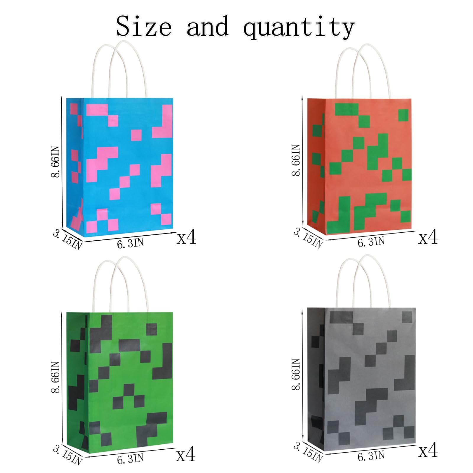 16PCS Pixel Party Favor Bags with Handle for Birthday, Gift Bags Goodie Bags Treat for Kids Birthday Party Decoration