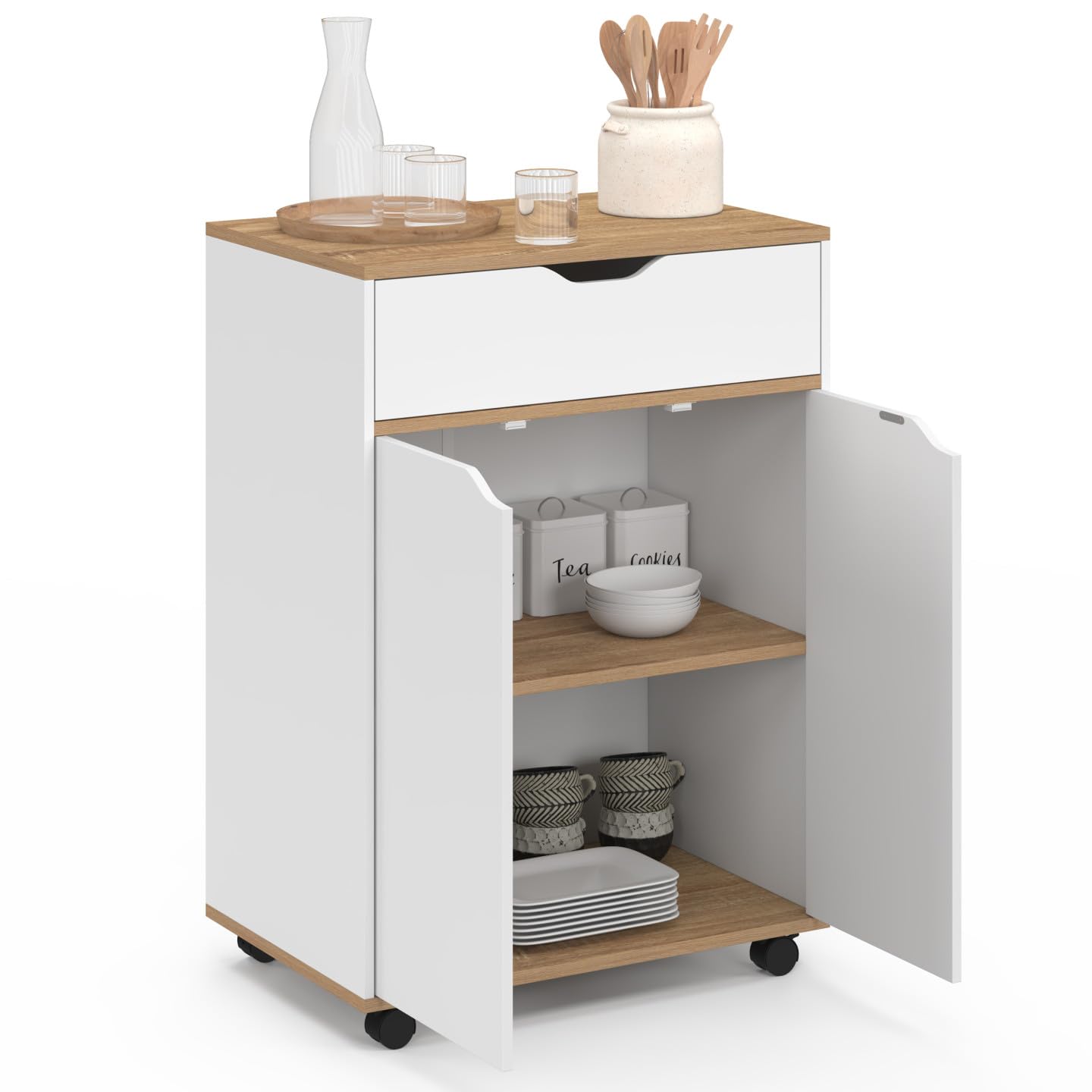 IDMarket - Desserte de cuisine COSY placard avec tiroir bois blanc et plateaux façon hêtre L.60 CM