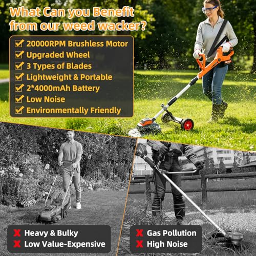 Image of 3-in-1 Electric Weed Wacker Cordless with Wheel, 20000RPM Brush Cutter /String Trimmer /Grass Trimmer /Edger Tool, 2 x 4000mAh Batteries, 90 Adjustable Handle, Powerful Lightweight Garden Tool (Orange)