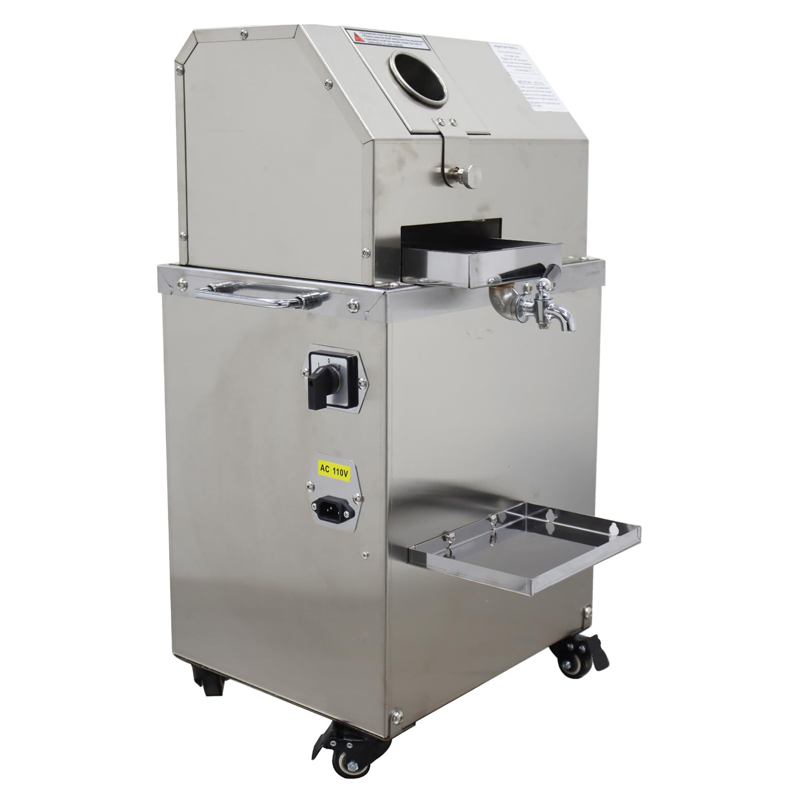 LGXEnzhuo 110V Electric Sugar Cane Juicer Press Machine, Stainless Steel Juice Extractor Squeezer, 660 lbs/h Juice Capacity, 3 Rollers, Openable Cover, Casters for Commercial