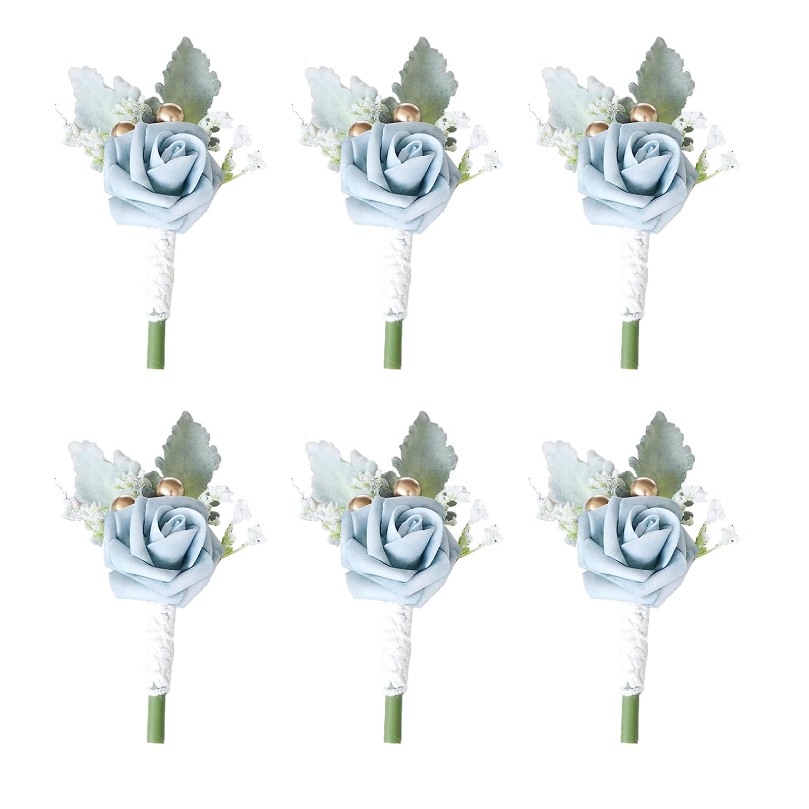 Bryer Men's Blue 6Pcs Boutonnieres For Weddings, Wedding Buttonholes Flowers, Artificial Rose Corsage With Pin 6Pcs Bridal Groom Wedding Flowers,