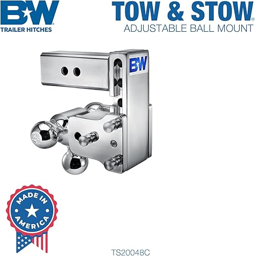 Miniatura 3 de B&W Trailer Hitches Soporte de bola de enganche de remolque ajustable cromado para remolque – Se adapta a receptor de 2.5 pulgadas, Tri-Ball (1-7/8