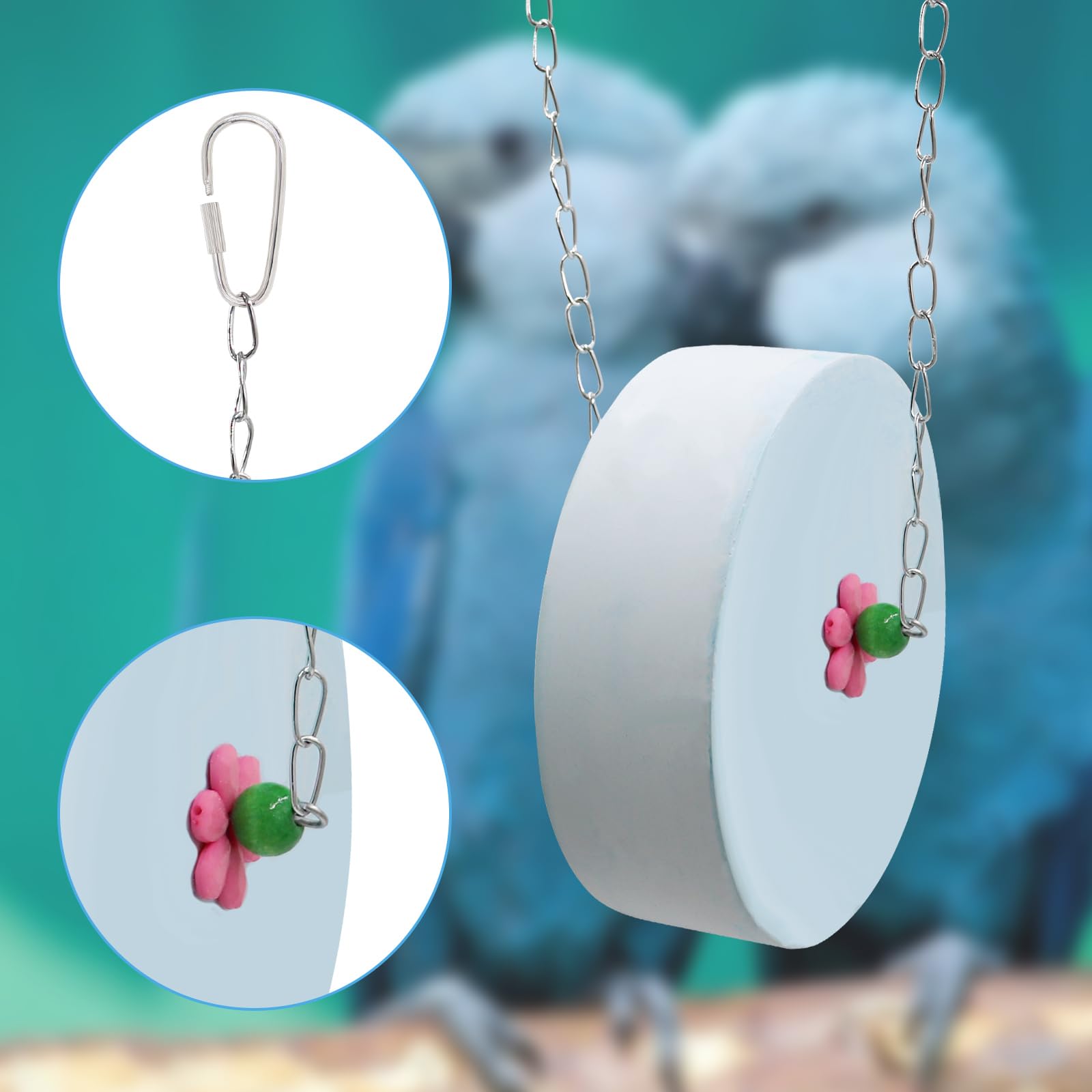 Piedra de molienda de pico de pájaro, juguete masticable grande de cilindro azul con cadena colgante de metal, accesorio de jaula para guacamayos, grises africanos, cacatúas y pájaros