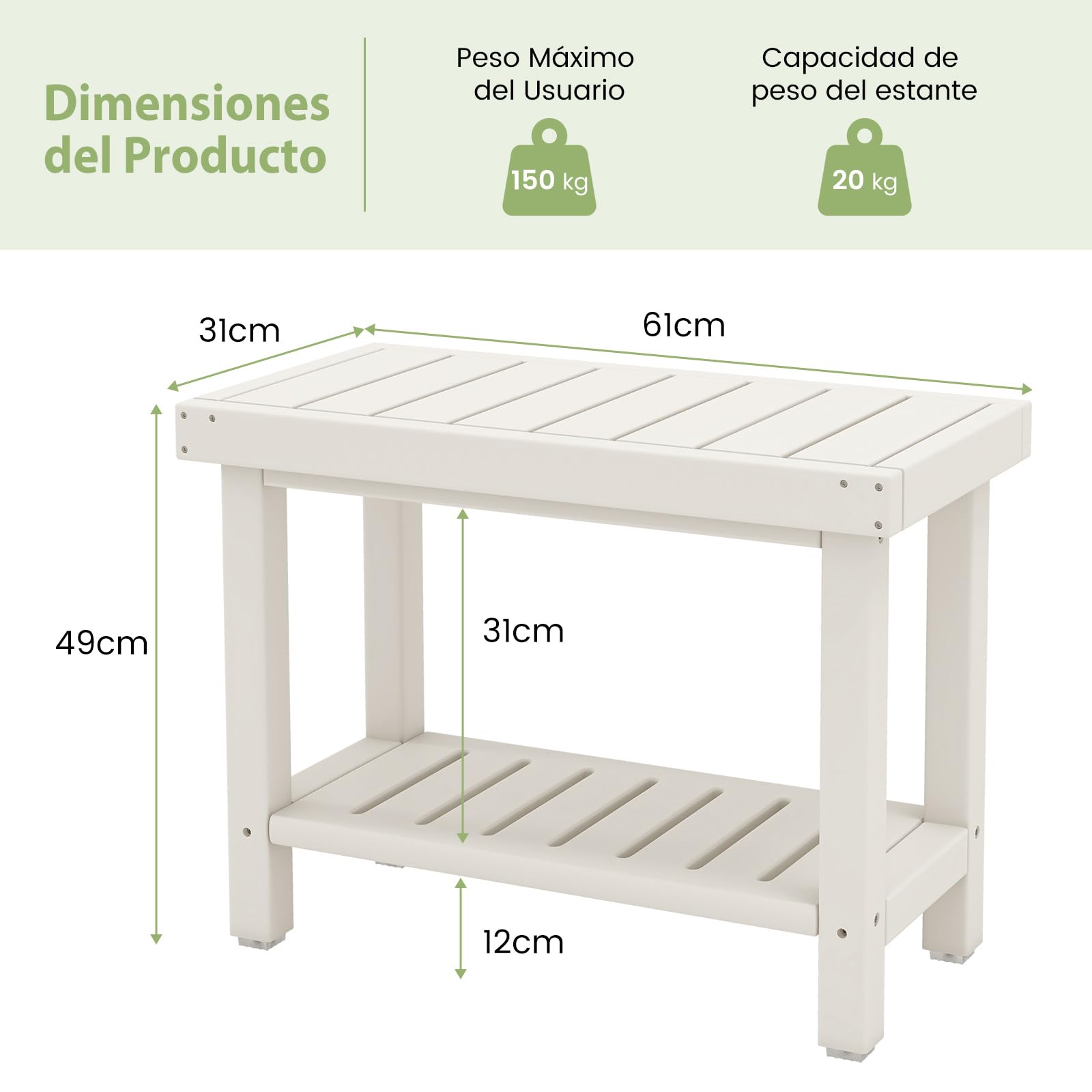 GOPLUS Taburete de Ducha de 2 Niveles, Taburete de Ducha con Estante para Baño, SPA y Afeitado de Piernas, Color Blanco y Marrón (61 x 31 x 49 cm) (Blanco)