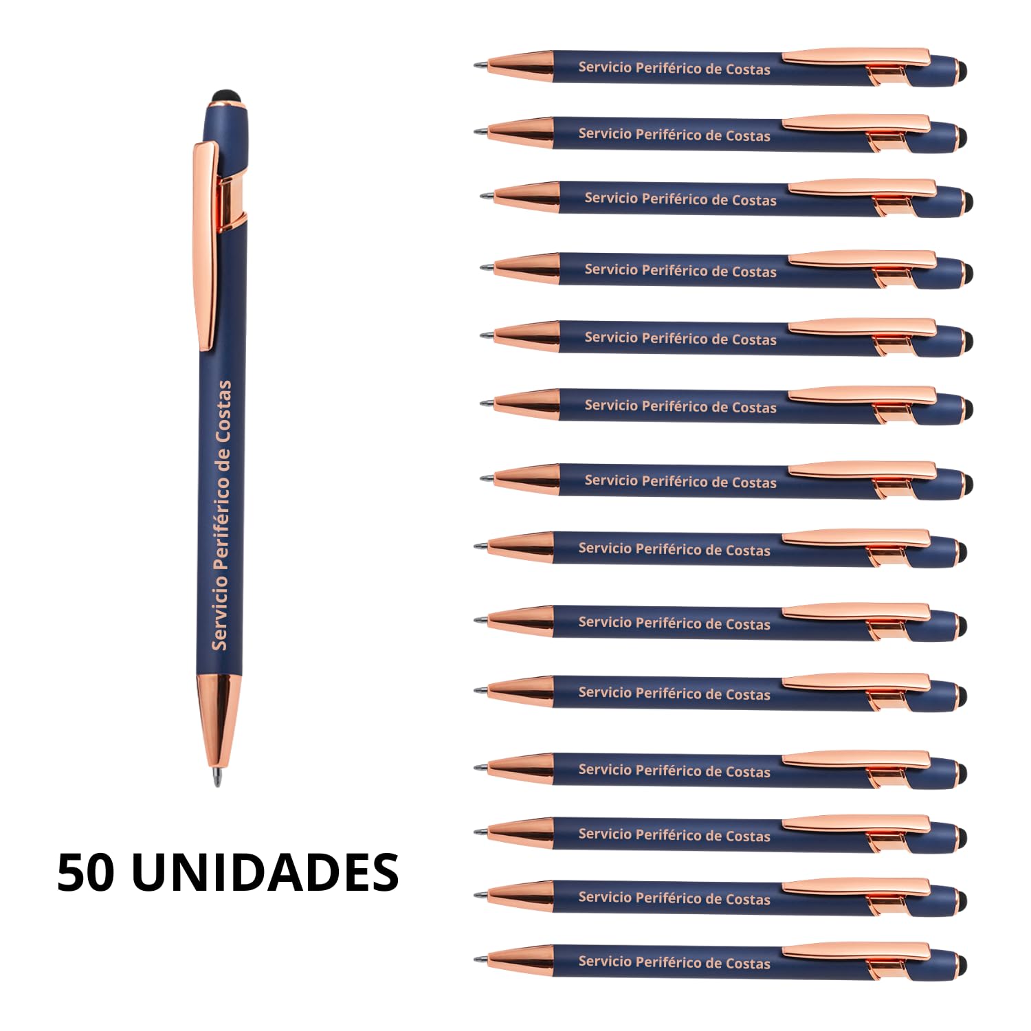 PROMO SHOP Pack 50 bolígrafos Personalizados con tu nombre o texto | Lorix Azul | Puntero para dispositivos móviles | Grabado a láser | Lote bolígrafos publicitarios, bodas, comuniones, merchandising