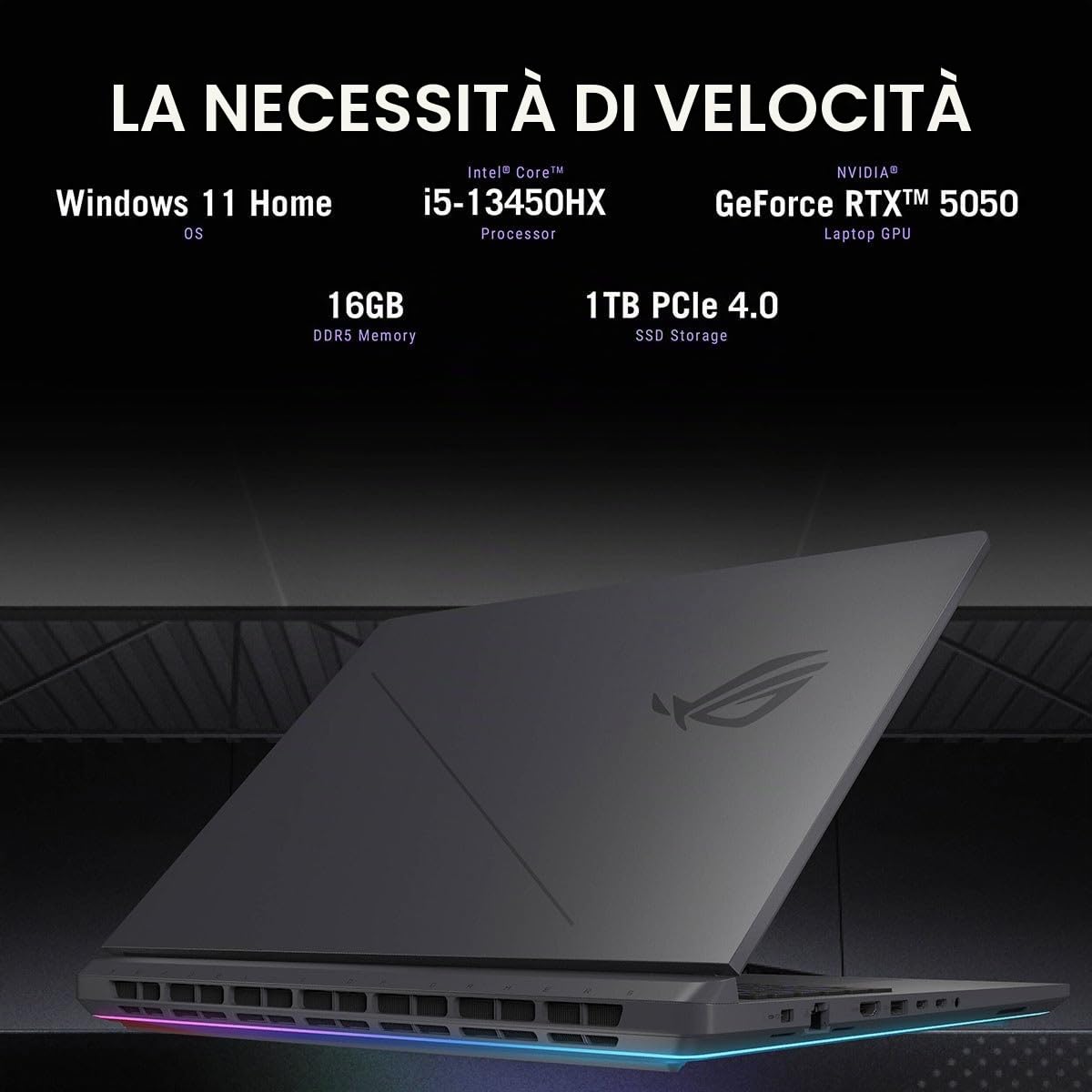 ASUS ROG Strix G16 (2025) Computer portatile da gioco, 16" FHD+ 16:10 165Hz/3ms, NVIDIA GeForce RTX 5050, Intel Core i5-13450HX, 16GB DDR5-5600, SSD PCIe Gen 4 da 1TB, Wi-Fi 7, Windows 11 Home, GV