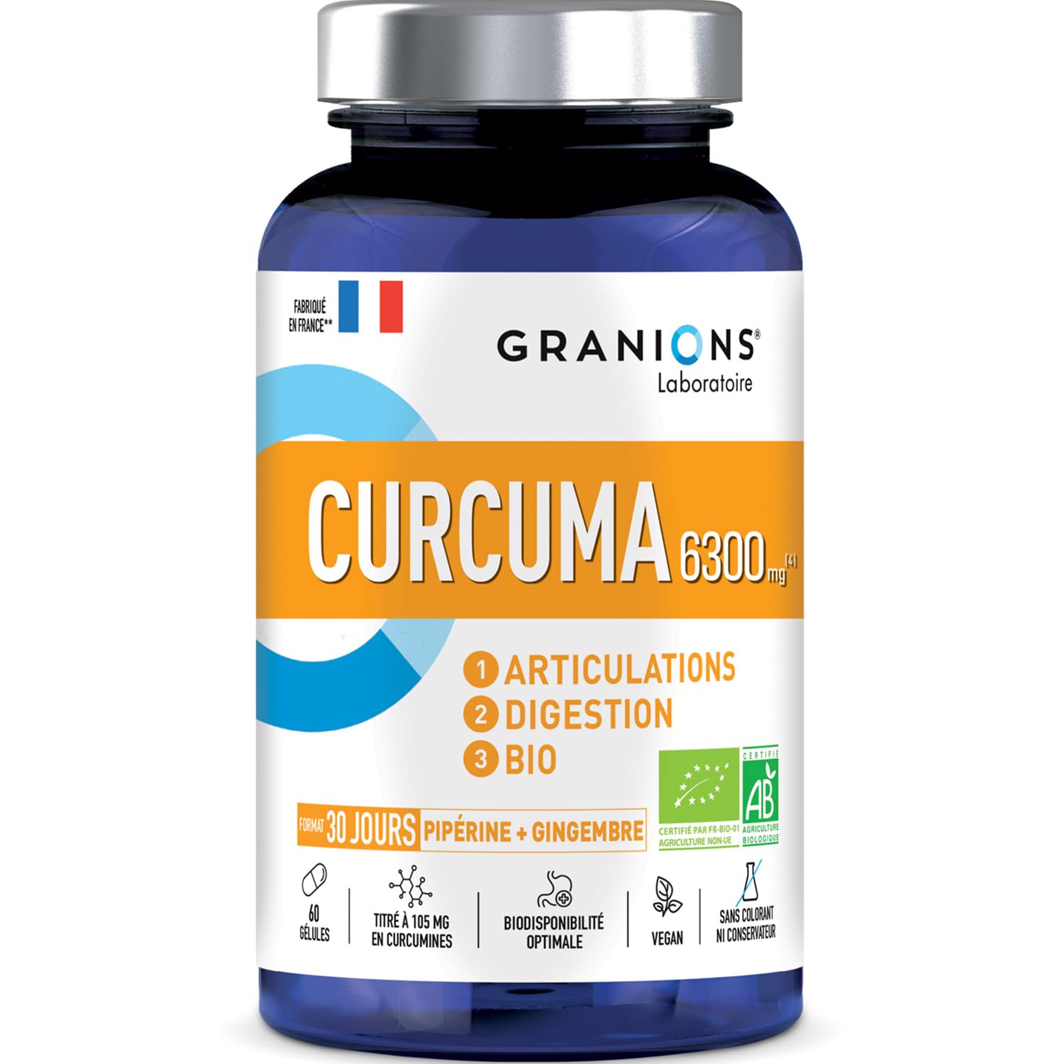 GRANIONS – Curcuma 6300 mg Bio – Articulations & Digestion – Curcumine 105 mg + Gingembre +Dginger + Poivre Noir Pipérine – Complément Alimentaire Bio Articulations – Adultes – 60 Gélules