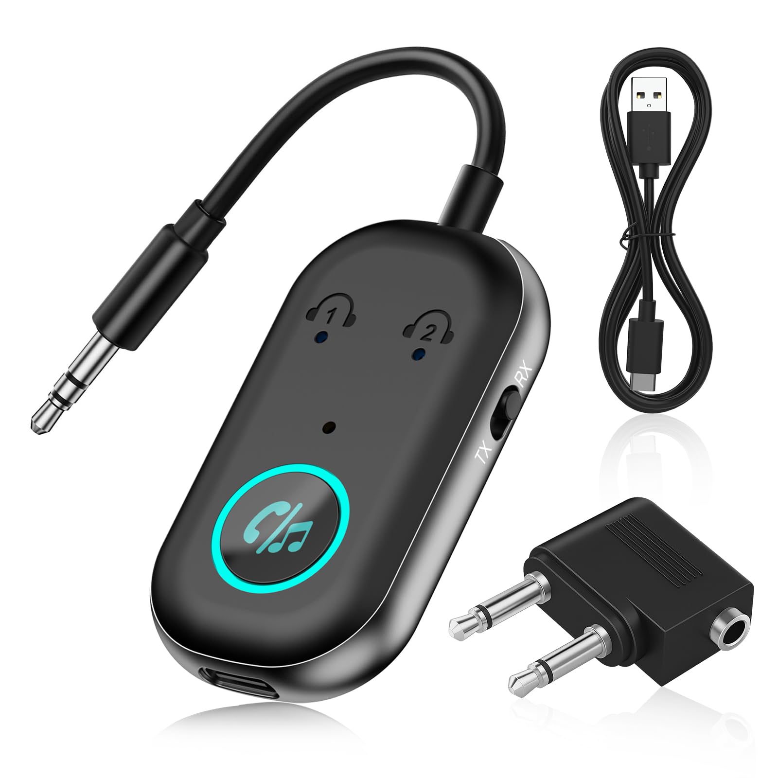 Bluetooth 5.3 Transmitter Receiver, 2 in 1 Airplane Bluetooth Adapter Compatible with 2 AirPods & Wireless Headphones for TV, 3.5mm Jack Audio Transmitter for TV, for TV/Airplane/Headphone/Airpods/Car-image-15