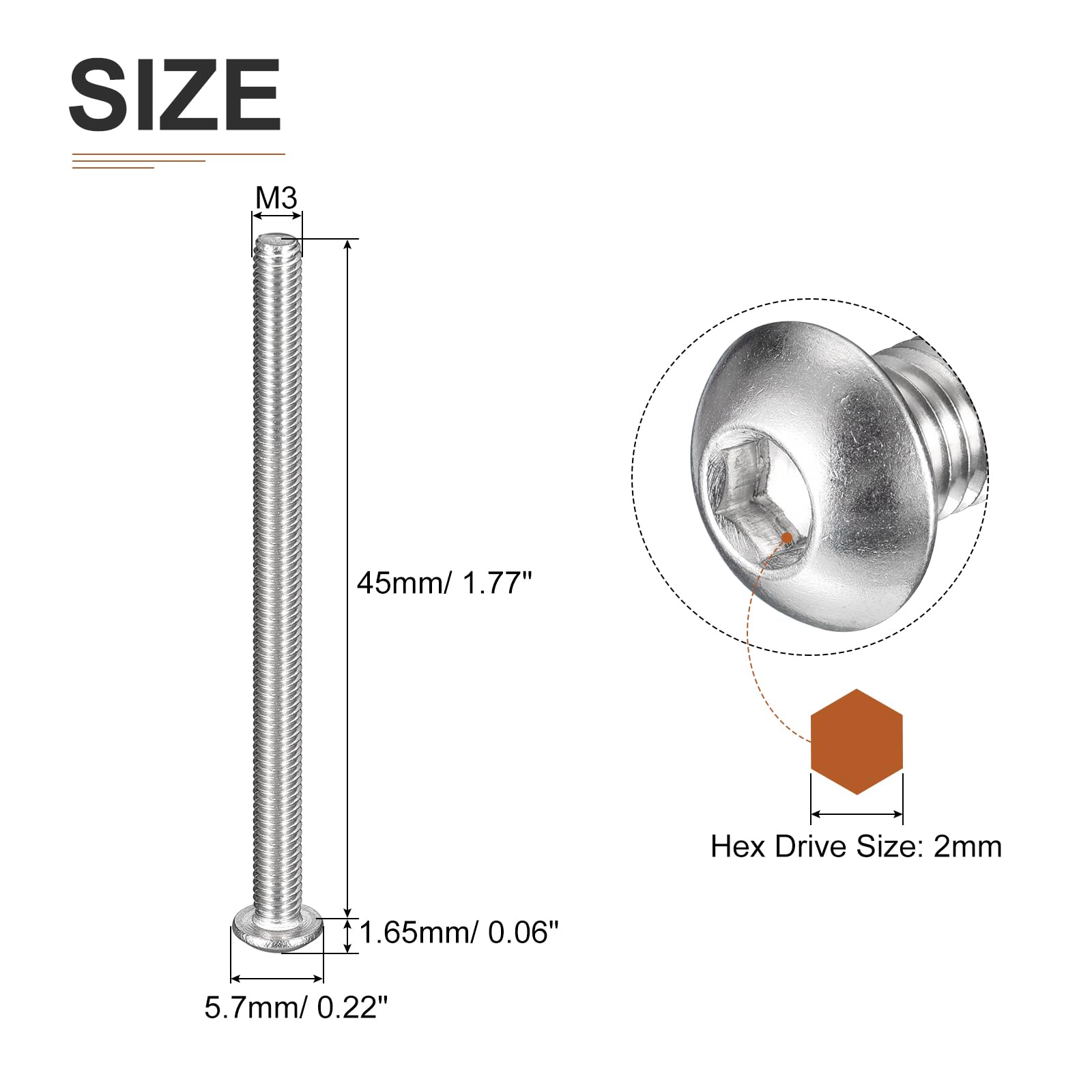 DTGN M3-0.5x45mm Button Head Socket Cap Screws - 25Pack - Good for Machine - 304 Stainless Steel 18/8 - Hex Drive Full Thread Fasteners - Image 2