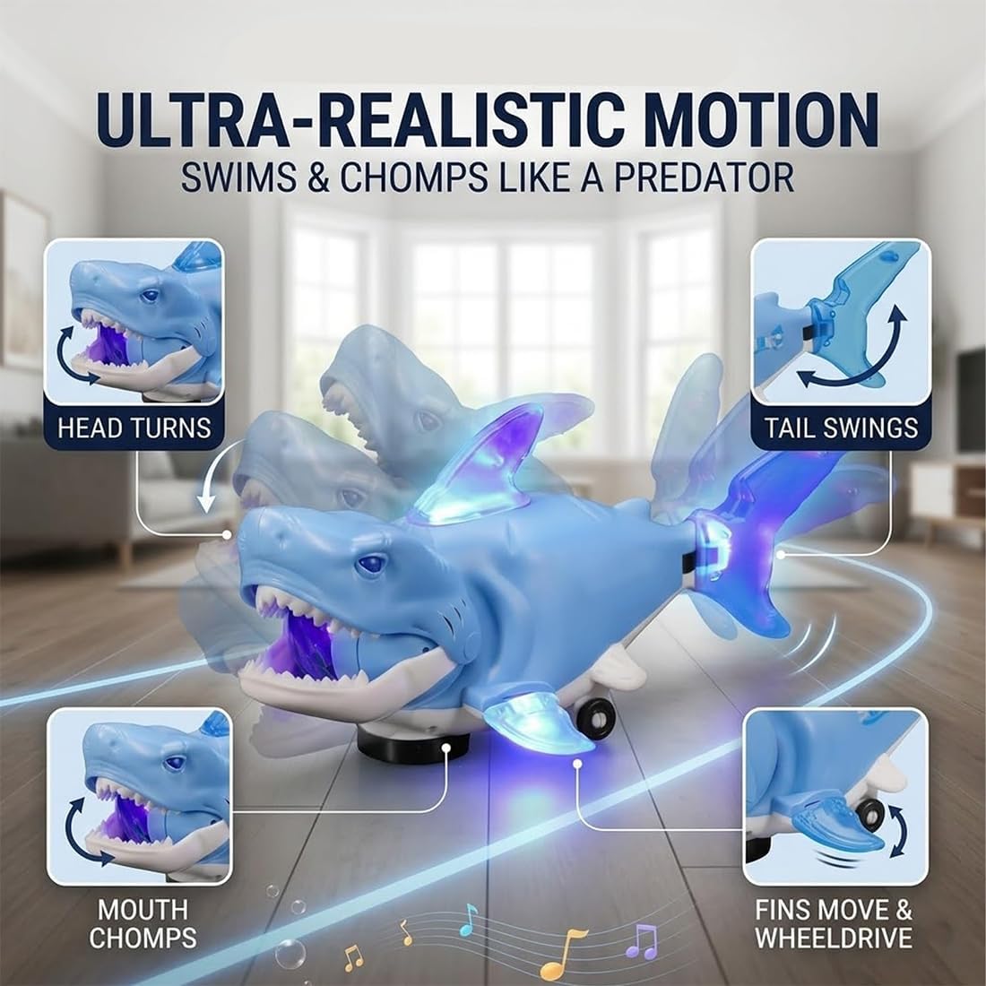 Electric Glowing Swivel Shark, Rechargeable Moving Shark Figure with LED Lights, Music, 360° Obstacle Avoidance and Multi-Joint Wobble Motion, Interactive Crawling Shark for Indoor Outdoor (Blue*2)