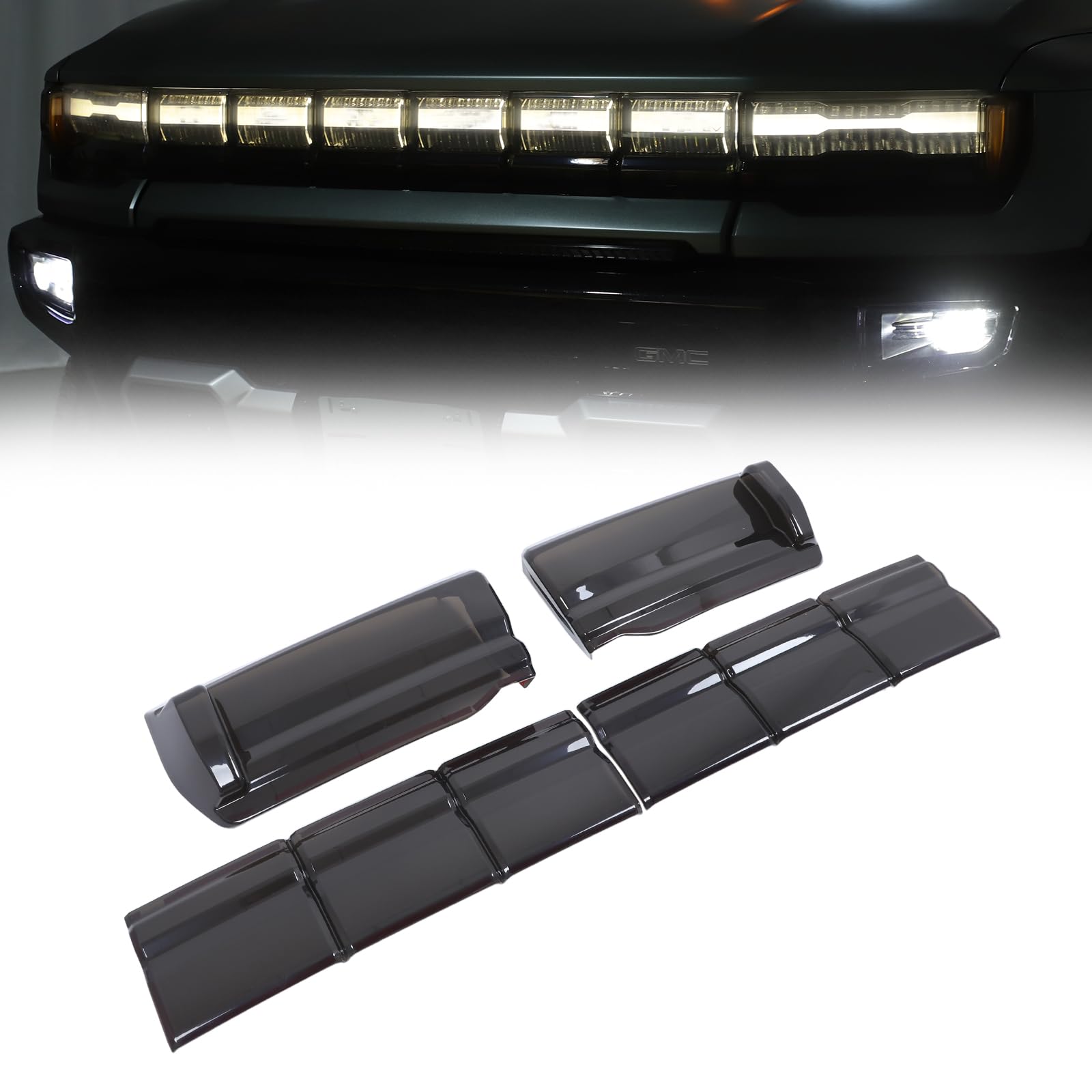Front Bumper Headlights Cover for Hummer EV Accessories Black Smoked Headlamp Lights Cover Trim Guard Shell for Hummer EV SUV Pickup 2023 to 2027 Front Headlight Smoked Lens Kits (Pickup)