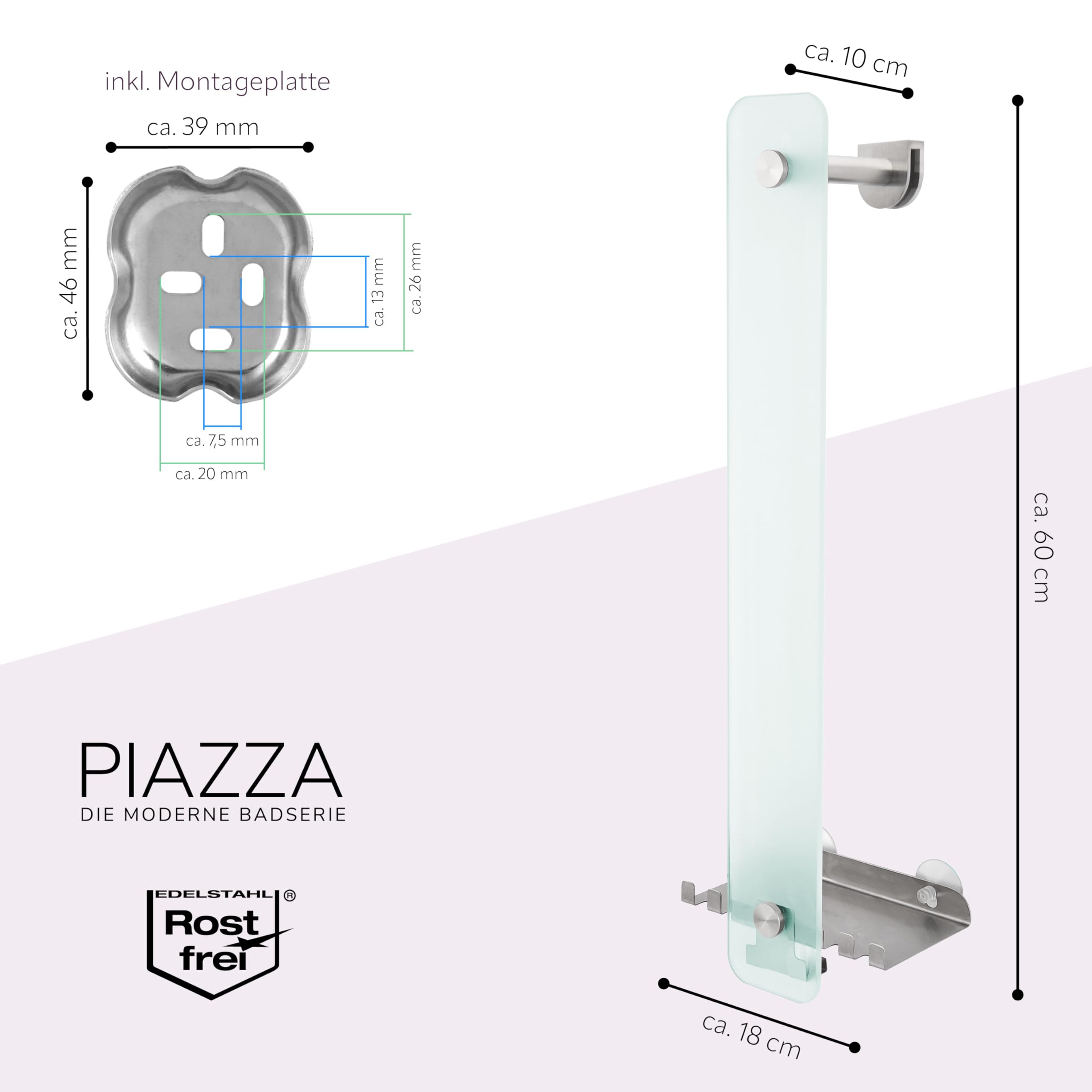 bremermann Bad-Serie Piazza - Glashandtuchhalter 2in1, zur Wandmontage oder Anbringung an der Glasduschwand, 6 zusätzliche Haken, passend für Handtücher und Gästetücher, aus Glas und Edelstahl, matt