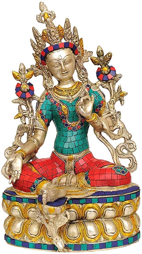 Statue Tara vert Devyom cadeau spirituel en laiton avec incrustations