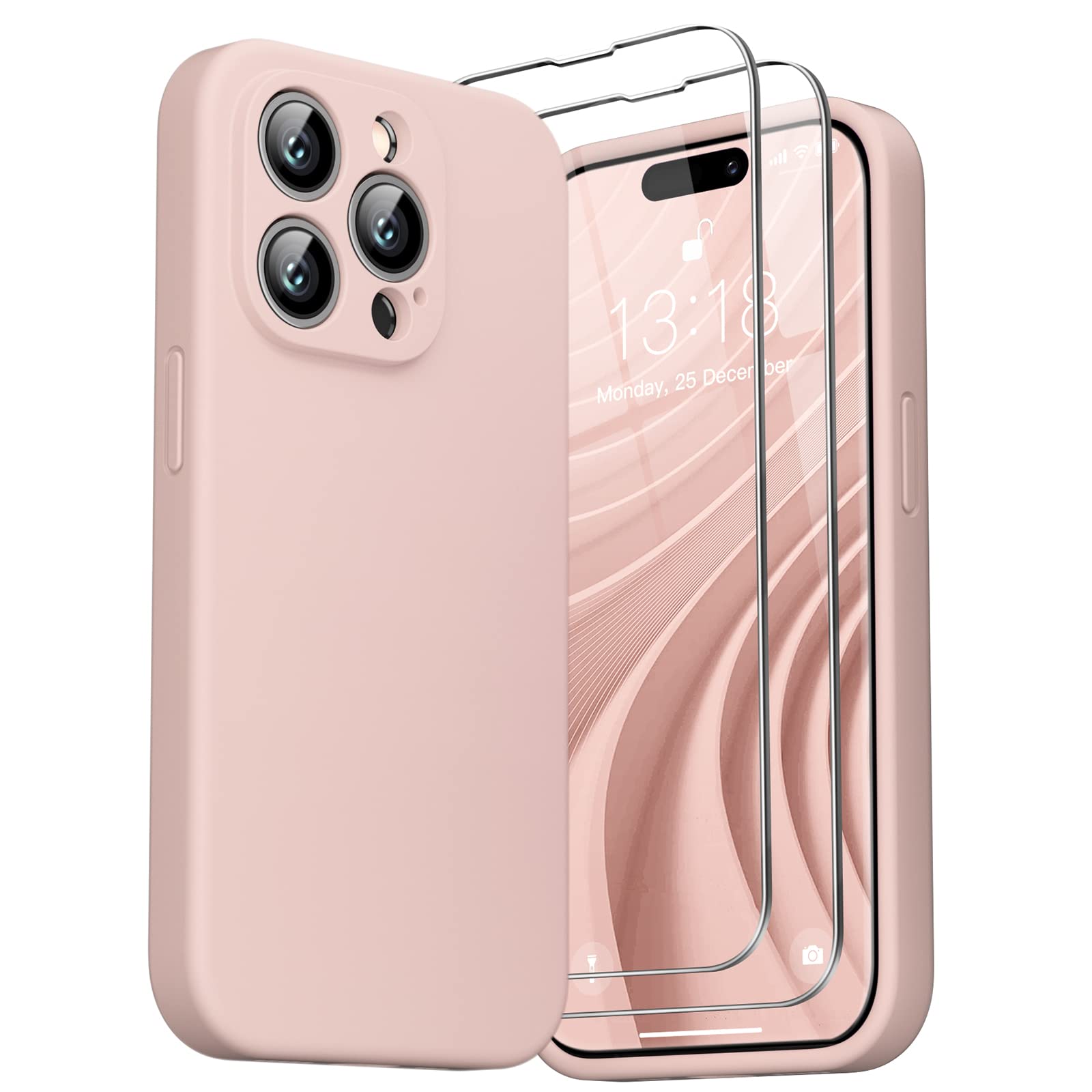 GOODVISH 3 in 1 Cover per iPhone 14 Pro Max Silicone per 6,7", con 2 Pezzi Pellicola Protettiva, iPhone 14 Pro Max Custodia per Cellulare Antiurto Resistente 360° Protezione, Rosa Sabbia