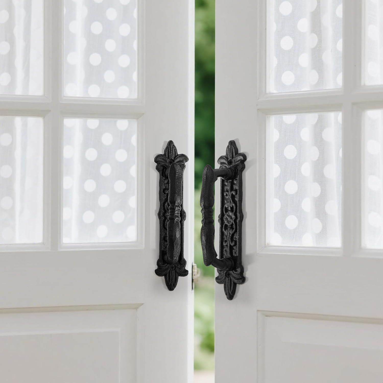 Peohud 2 Pack Heavy Duty Barn Door Handle, 9 Inches Cast Iron Rustic Gate Handle, Antique Black Carved Door Pull for Garages Sheds Closet Drawer Cabinet Fence Outdoor Farmhouse