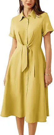 GRACE KARIN Womens Linen Dresses Summer Casual Flowy Collar Button Down Dress Front Tie Short Sleeve Pockets Midi Work Dress