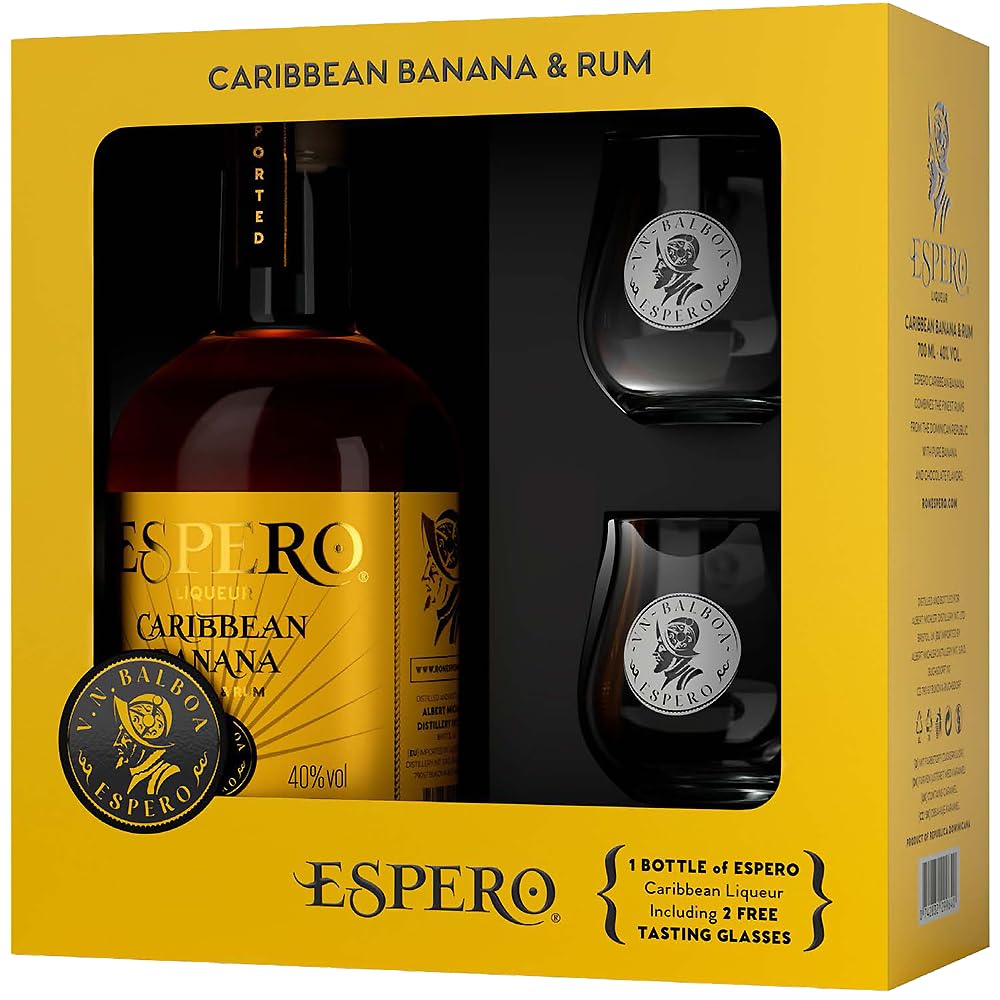 Vorratspack 3 x 0,7 l - Espero Caribbean Rum Geschenkset 3er Pack - Orange, Coconut & Banana Likoer Boxen - Exotisches Tasting Set inklusive insgesamt 6 Glaesern