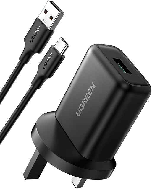 UGREEN USB Charger Plug QC 3.0 Fast Charger with USB C Cable 18W Fast Wall Brick Adapter Compatible with S22/S21/S20/S10/S9/S8/Note 20, Pixel 7/6, Mi 12/11/10, Huawei P40/P30, Moto G8, iPhone, iPad
