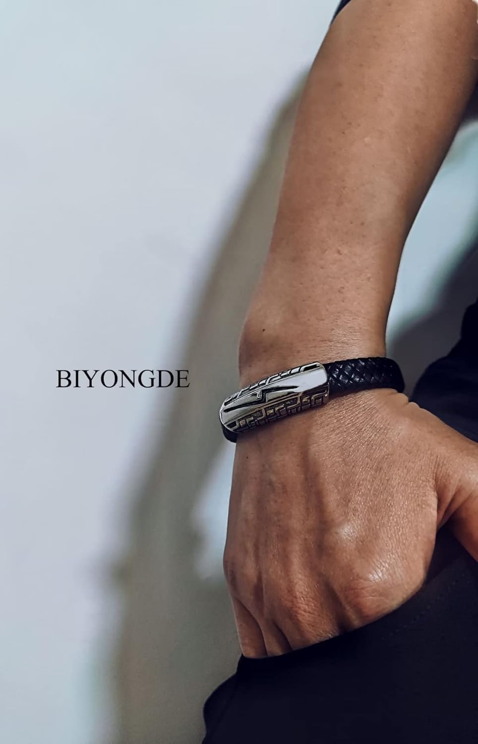 Mens Stainless Steel Vintage Retro Lightning Bolt ID Identification Black Braided Leather Bangle Bracelet, Minimalist Cool - Image 2