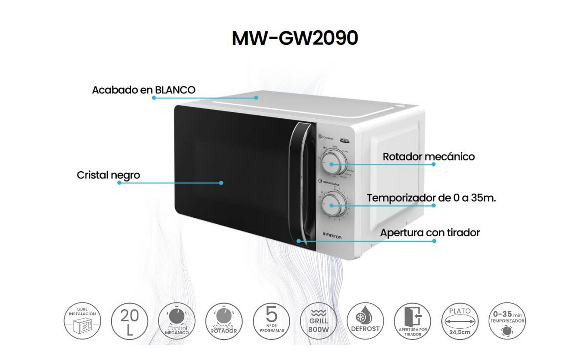 INFINITON Microondas MW-GW2090, 20 Litros, 800 W, Grill, Temporizador de 0 a 35 minutos, Apertura de puerta con tirador, Blanco