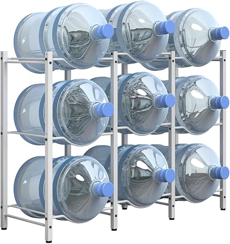 Miniatura 9 de Mocomax Estante para jarra de agua de 5 galones, soporte desmontable para 6 botellas, estante refrigerador resistente de 3 niveles, organizador para