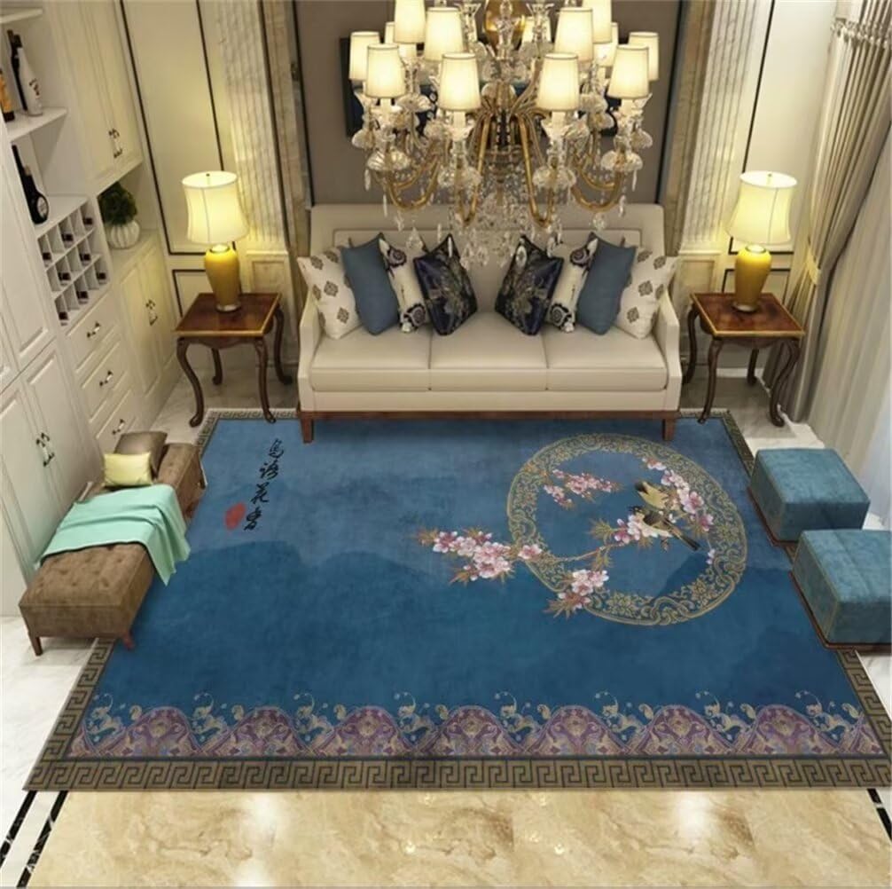 Tapis de salon bleu 50x80cm lavable et doux à motif floral