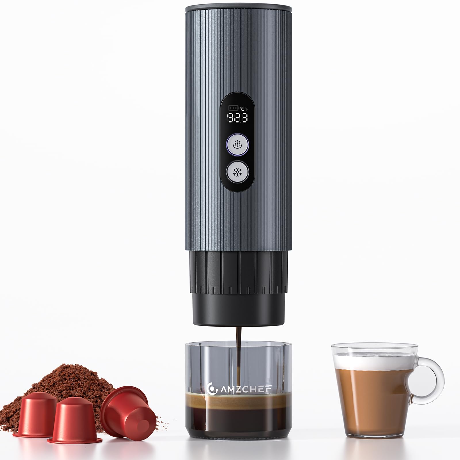 AMZCHEF Cafetera de café portátil con batería de 20 bares con USB-C y pantalla digital – Compatible con cápsulas y café en polvo – Cafetera para llevar para viajes, camping, aluminio