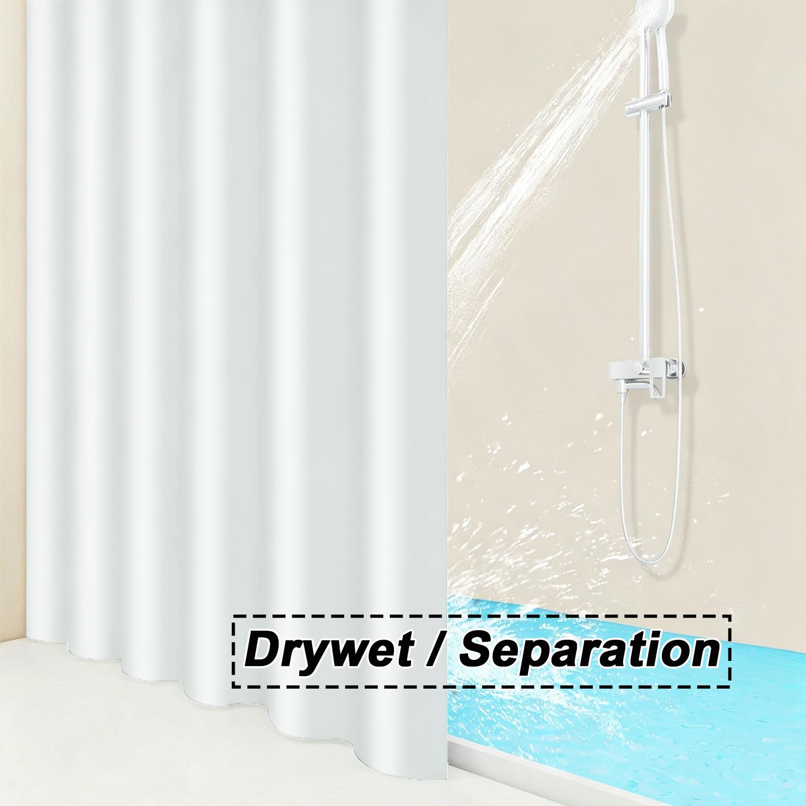 Rideau Douche 120 x 210 cm Imperméable Anti-Moisissures Polyester Rideaux de Douche Modern avec Œillets et Crochets pour Baignoire, Salle de Bain, Blanc