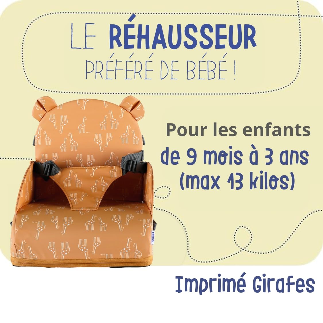 NOUKIE'S - Rialzo Ocra Bambino da 9 mesi a 3 anni Sedia per bambini con schienale e cuscino- Leggero, pieghevole e Nomade - Imbracatura, Sicurezza - Impermeabile, sfoderabile e lavabile - Max 13 kg
