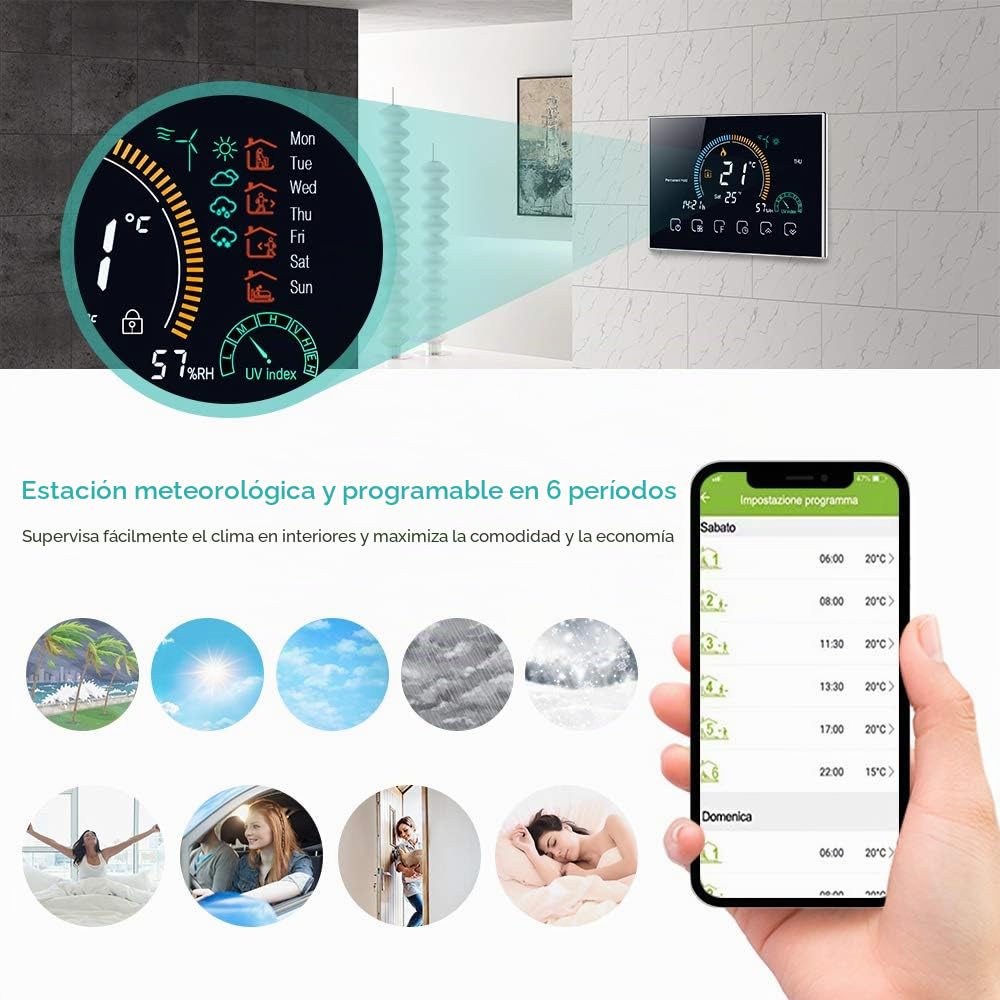 Termostato WiFi para Caldera de Gas Control por aplicación de Voz/Pantalla LCD retroiluminada, termostato programable Compatible con Alexa Google Home（Negro）