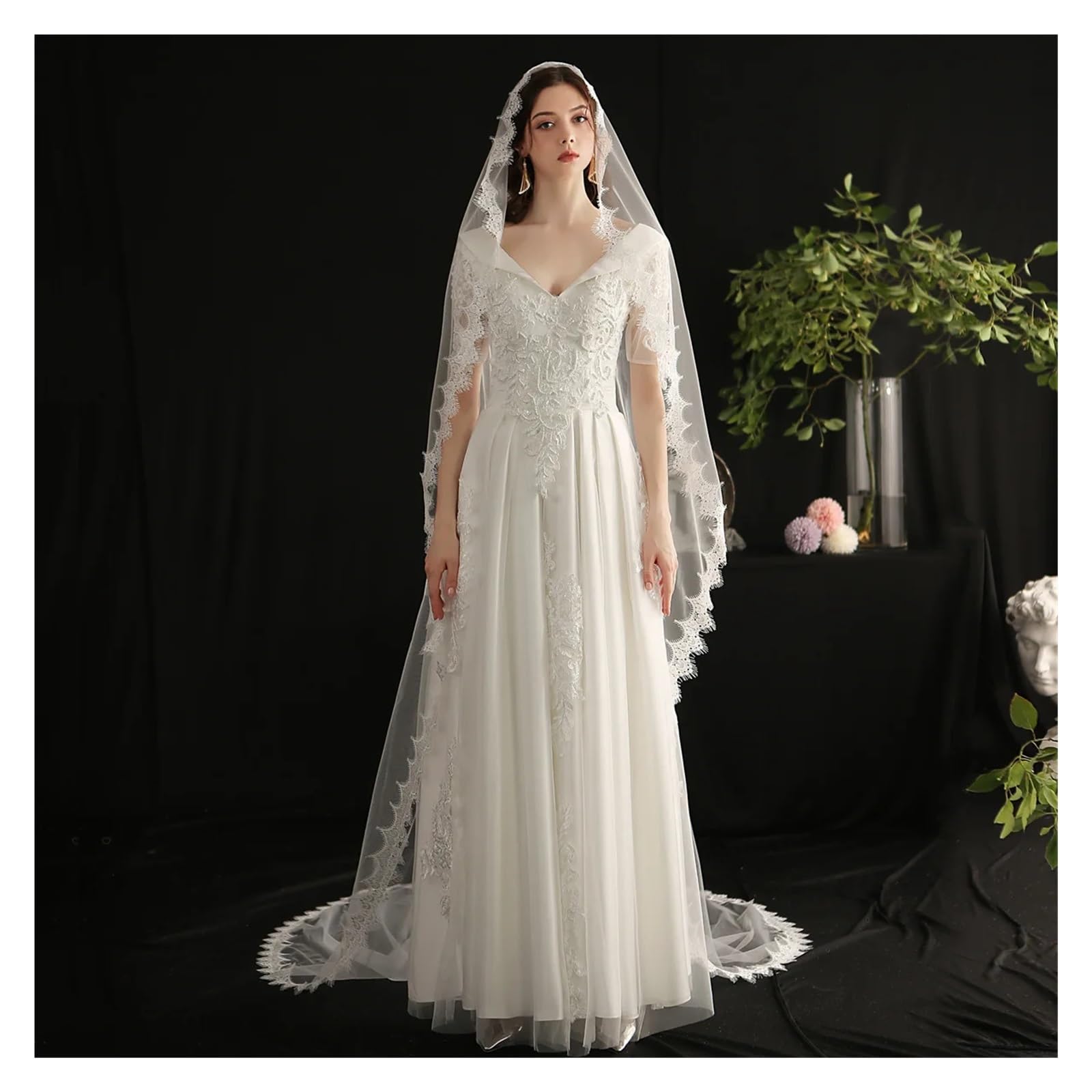 Einschichtiger Hochzeitsschleier mit vollem Rand und Wimpernspitze, 3 m, 4 m, mit Kamm, eleganter langer Brautschleier(Off white,400cm)