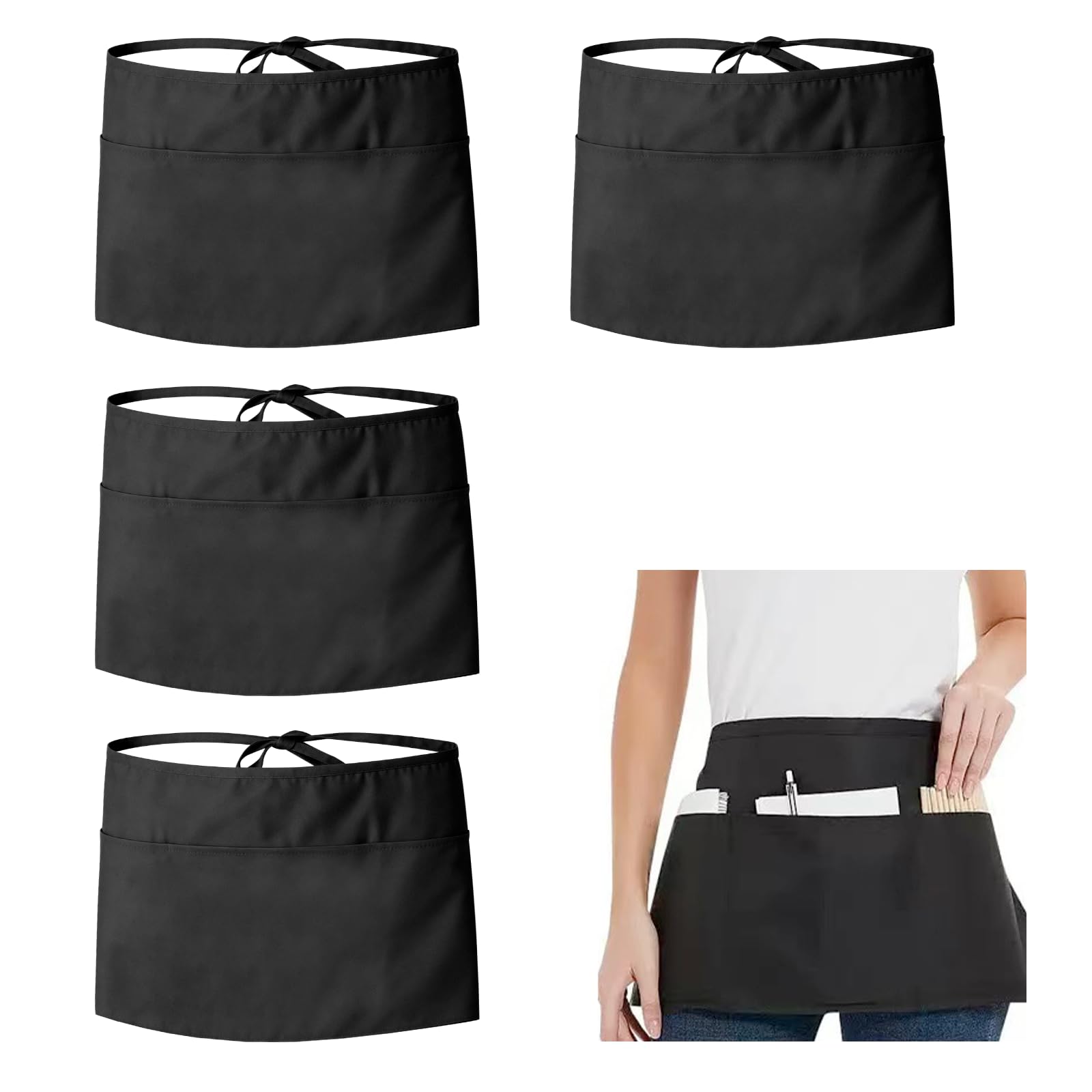 Avvchuy 4 Pcs Waitress Apron with Pockets, Black Half Waist Apron for Women Men
